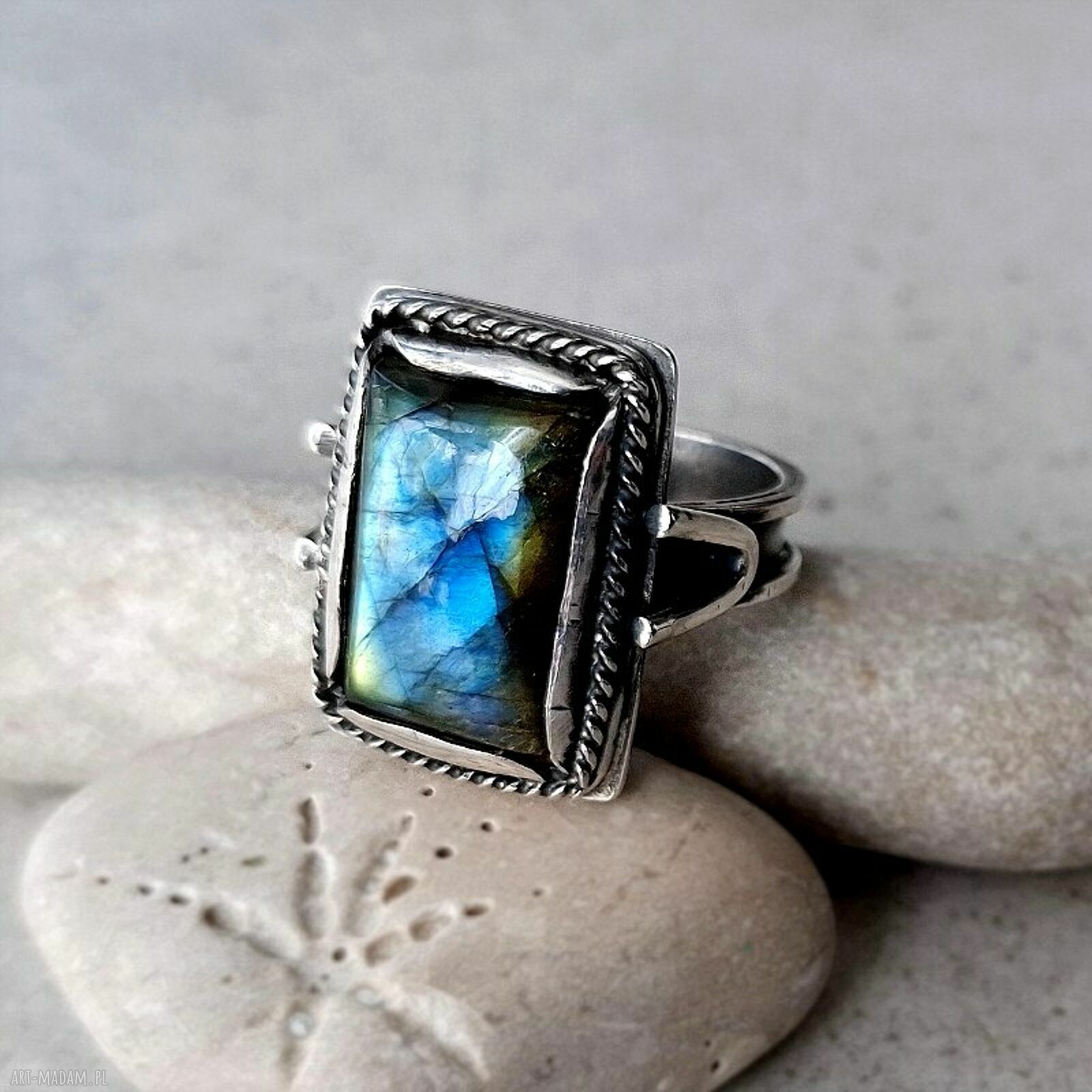pierścionki: Aqua srebrny pierścionek z labradorytem ręcznie robione