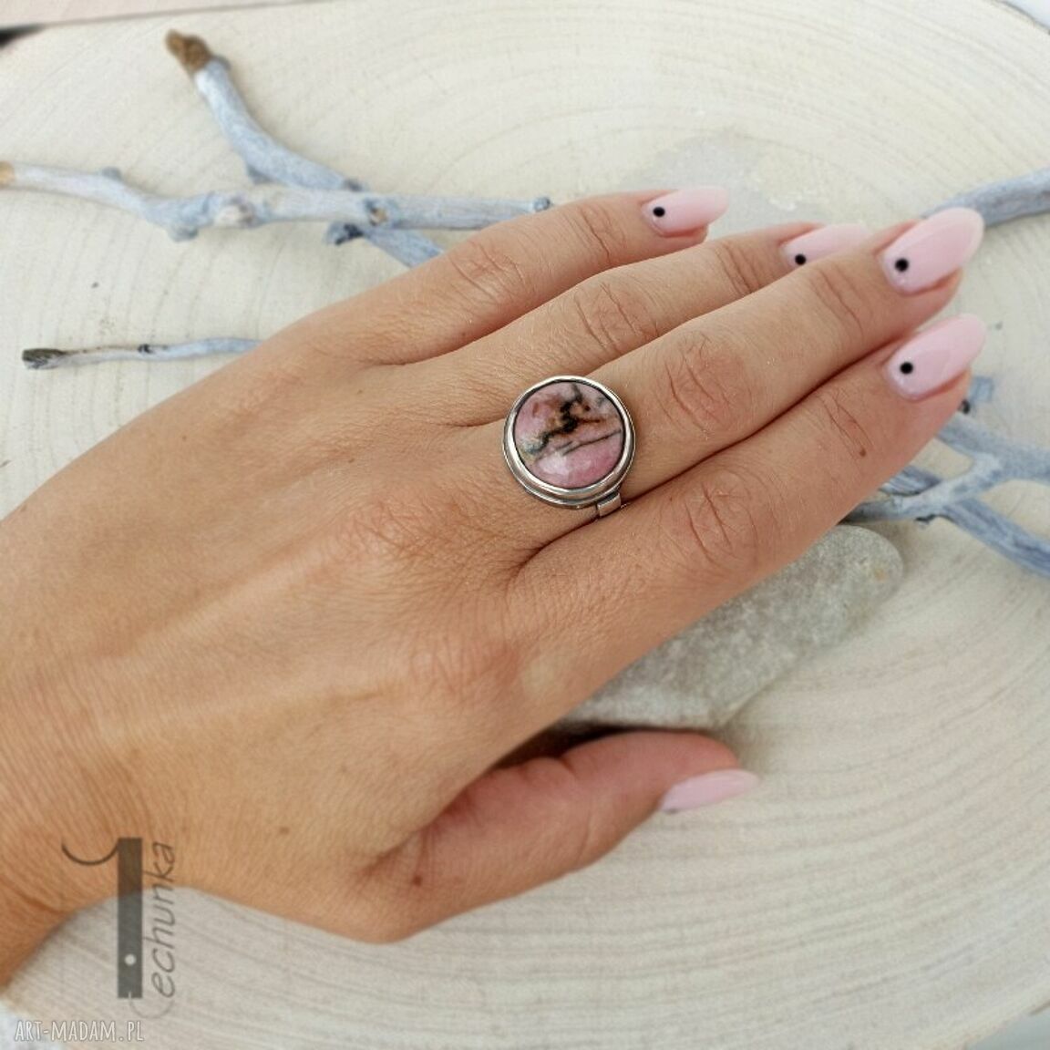 pierścionki: Lamuse I srebrny pierścionek z rodonitem ręczne wykonanie