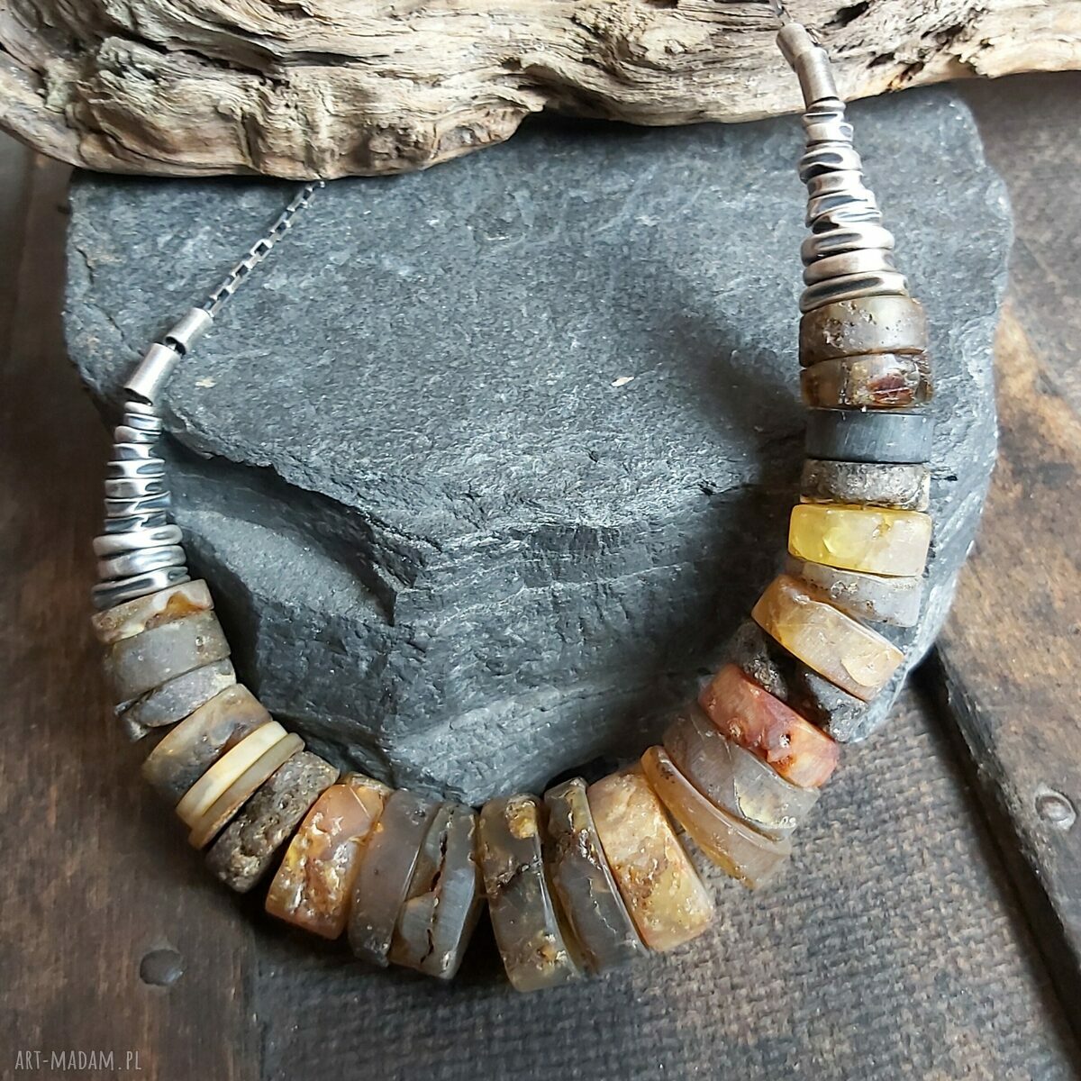  Naszyjnik ze srebra i surowego bursztynu Hand Made