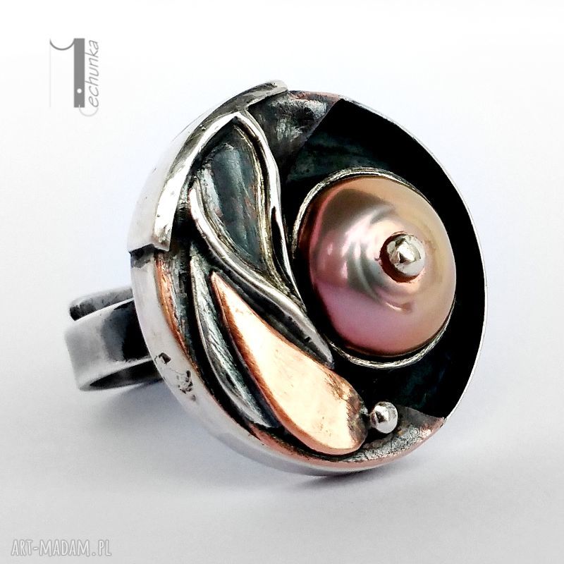 Sunflower srebrny pierścionek perłą miedzią srebro metaloplastyka