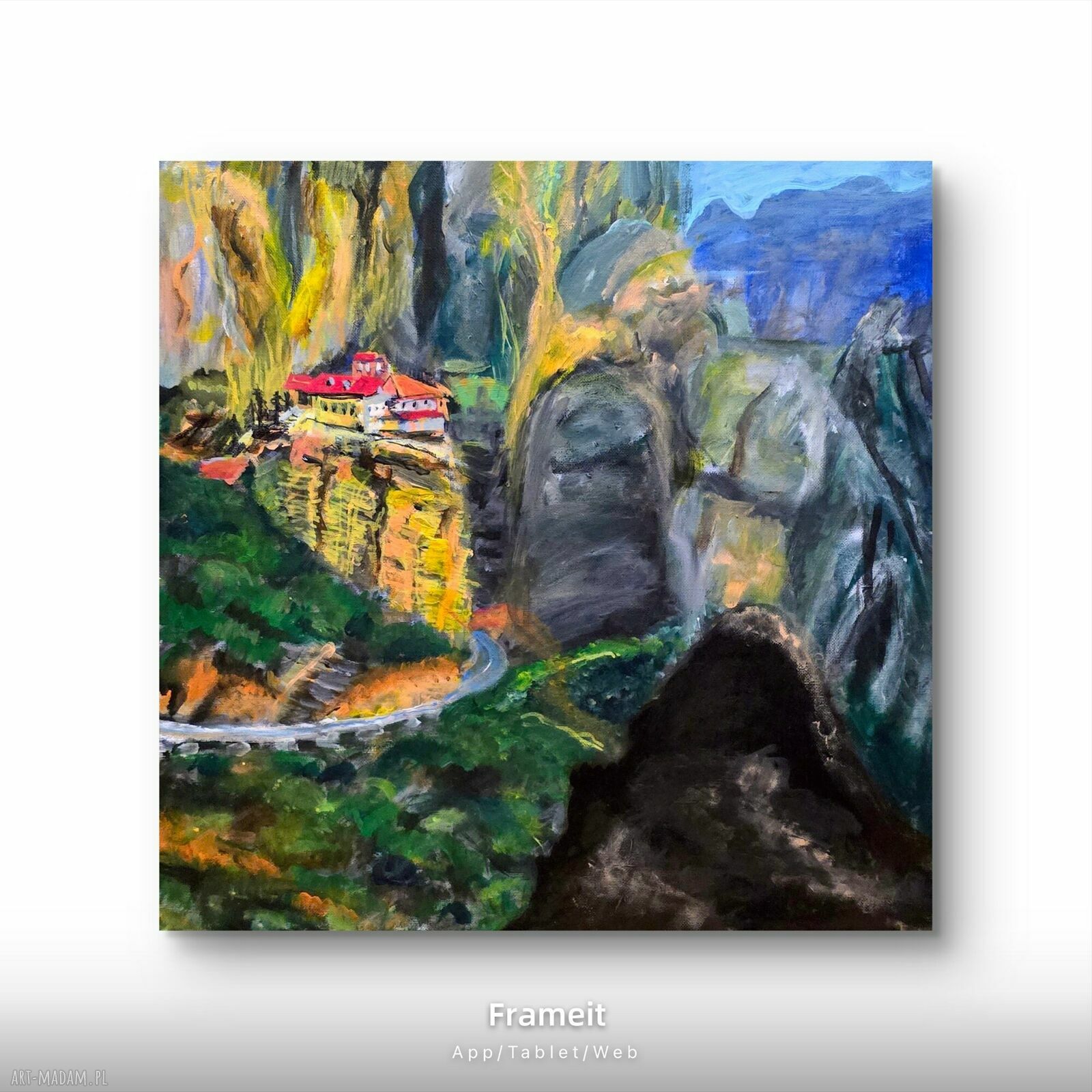Meteory Grecja - turkusowy obraz akrylowy na płótnie 50x50