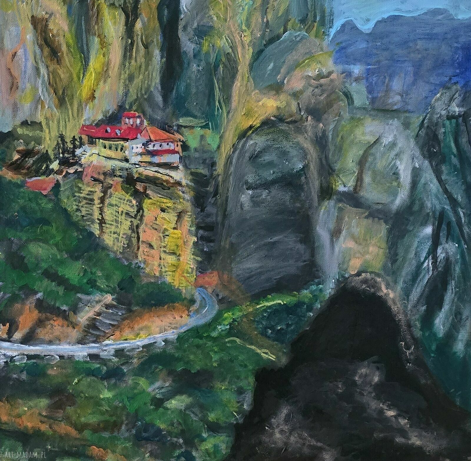 Meteory Grecja - turkusowy obraz akrylowy na płótnie 50x50