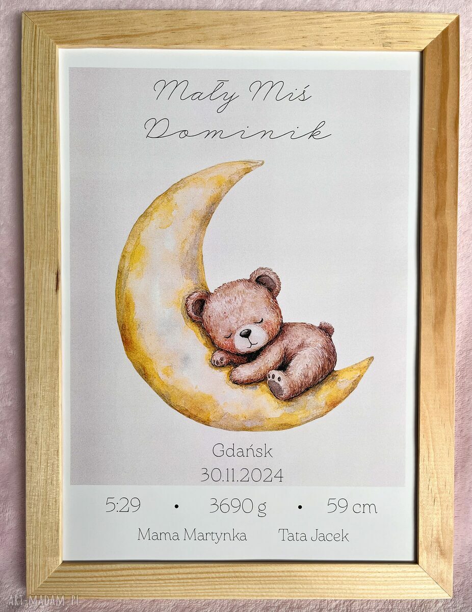 Metryczka narodzin "Miś na księżycu" z personalizowaną kartką w drewnianej ramce A4