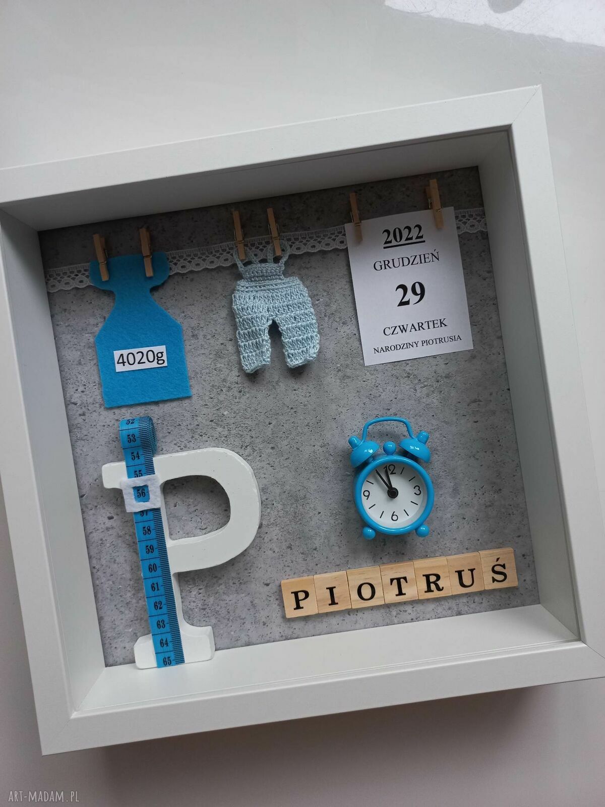 Metryczka w ramce 3D dla chłopca na chrzest i narodziny - personalizowana pamiątka 25x25 cm