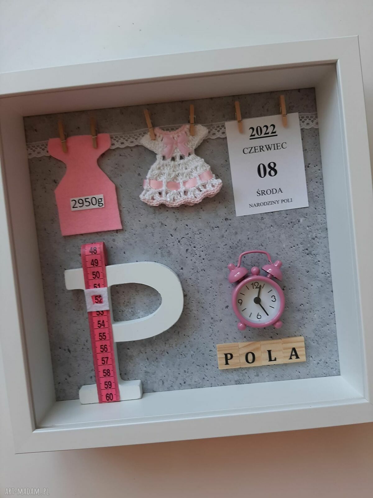 Metryczka w ramce 3D dla dziewczynki 25x25 cm - pamiątka narodzin i chrztu