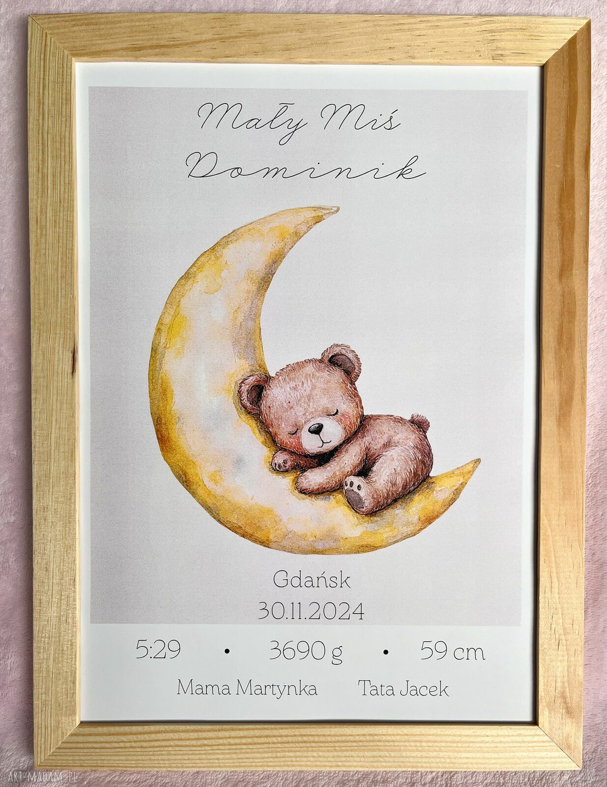 Personalizowana metryczka i kartka z Misiem na księżycu - zestaw na narodziny