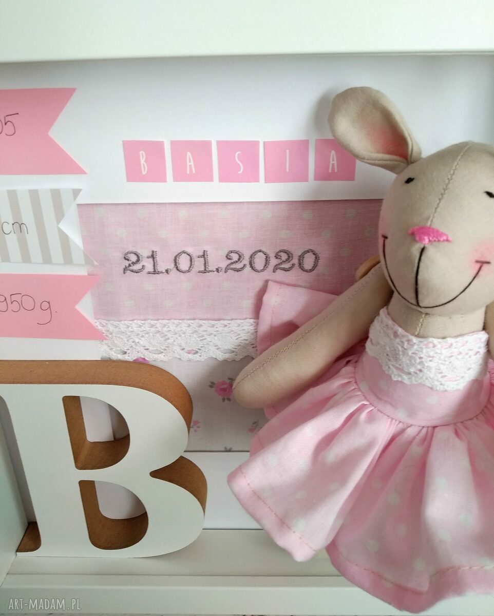 Metryczka z króliczkiem na chrzest - personalizowany prezent 23x23 cm
