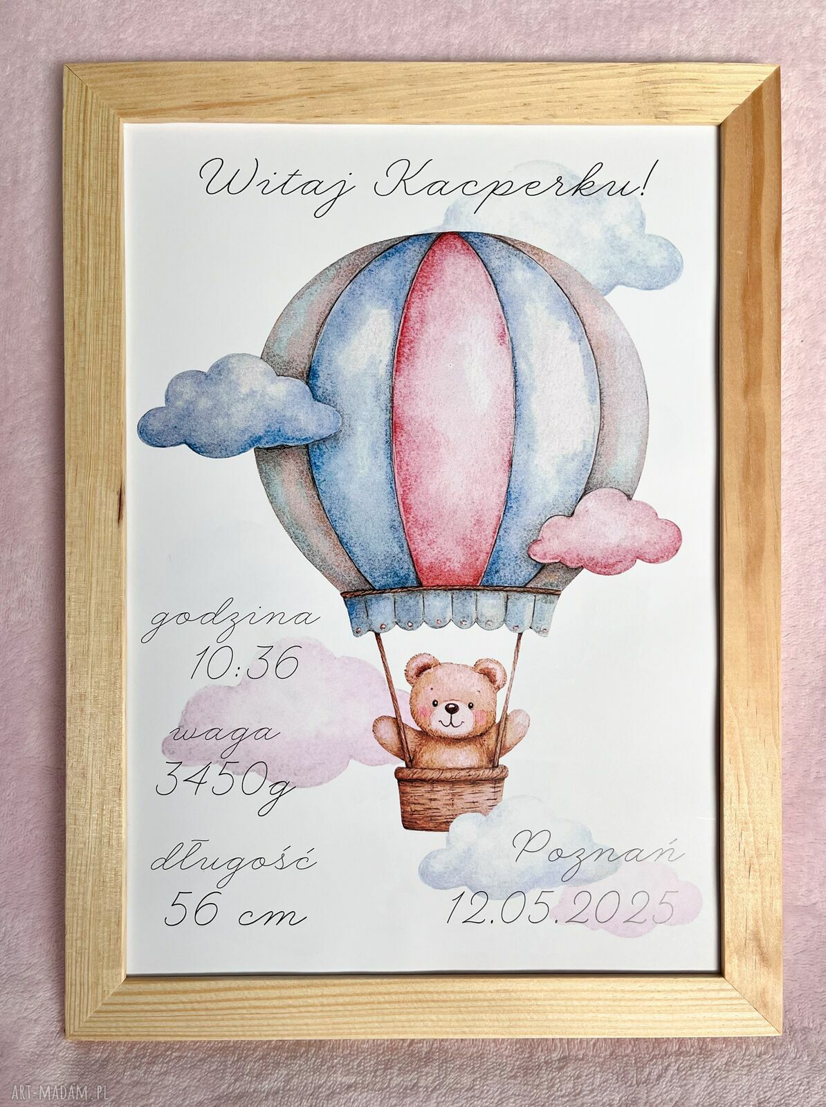 Metryczka z Misiem w Balonie - personalizowana pamiątka narodzin A4