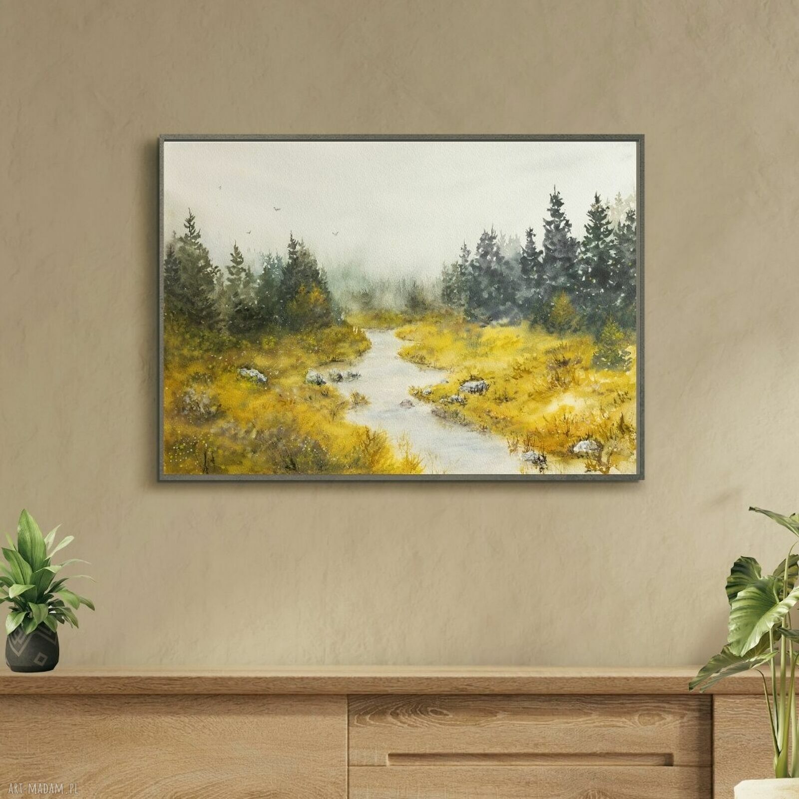 Mglisty krajobraz - oryginalna akwarela 42x29,7 cm