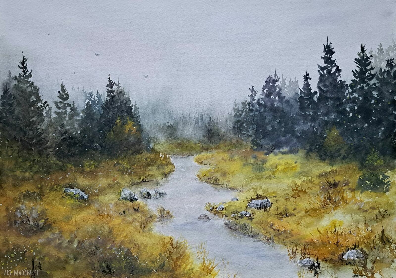 Mglisty krajobraz - oryginalna akwarela 42x29,7 cm