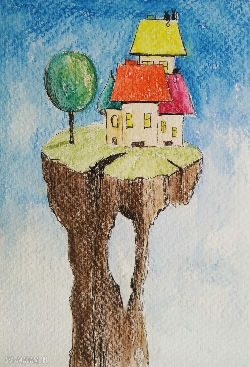 Miasteczko - akwarela ręcznie wykonana 12,5 x 18 cm