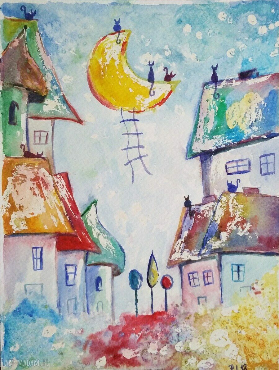 Miasteczko z kotami - akwarela 18/24 cm na papierze 300 g/m2