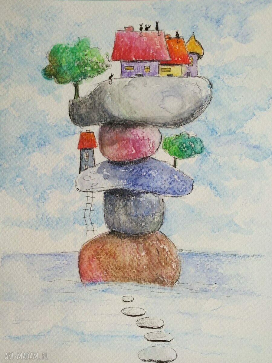 Akwarela „Miasteczko” z kotami - format 18x24 cm