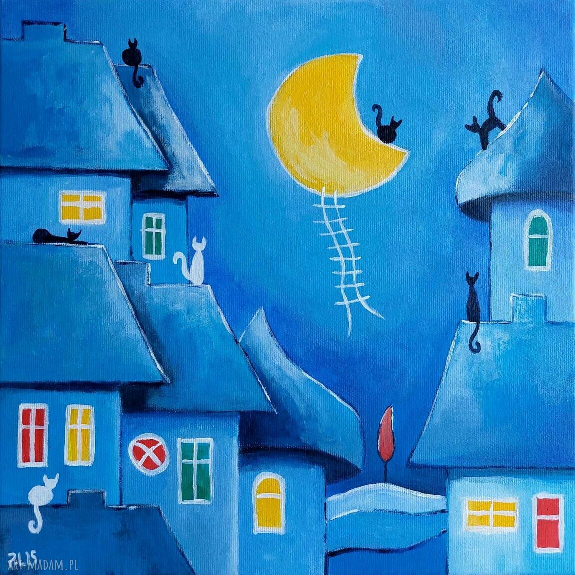 Miasteczko - obraz akrylowy 30x30 z kotami