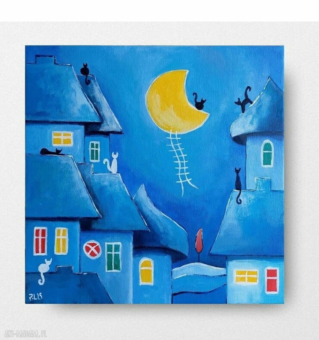 Miasteczko - obraz akrylowy 30x30 z kotami