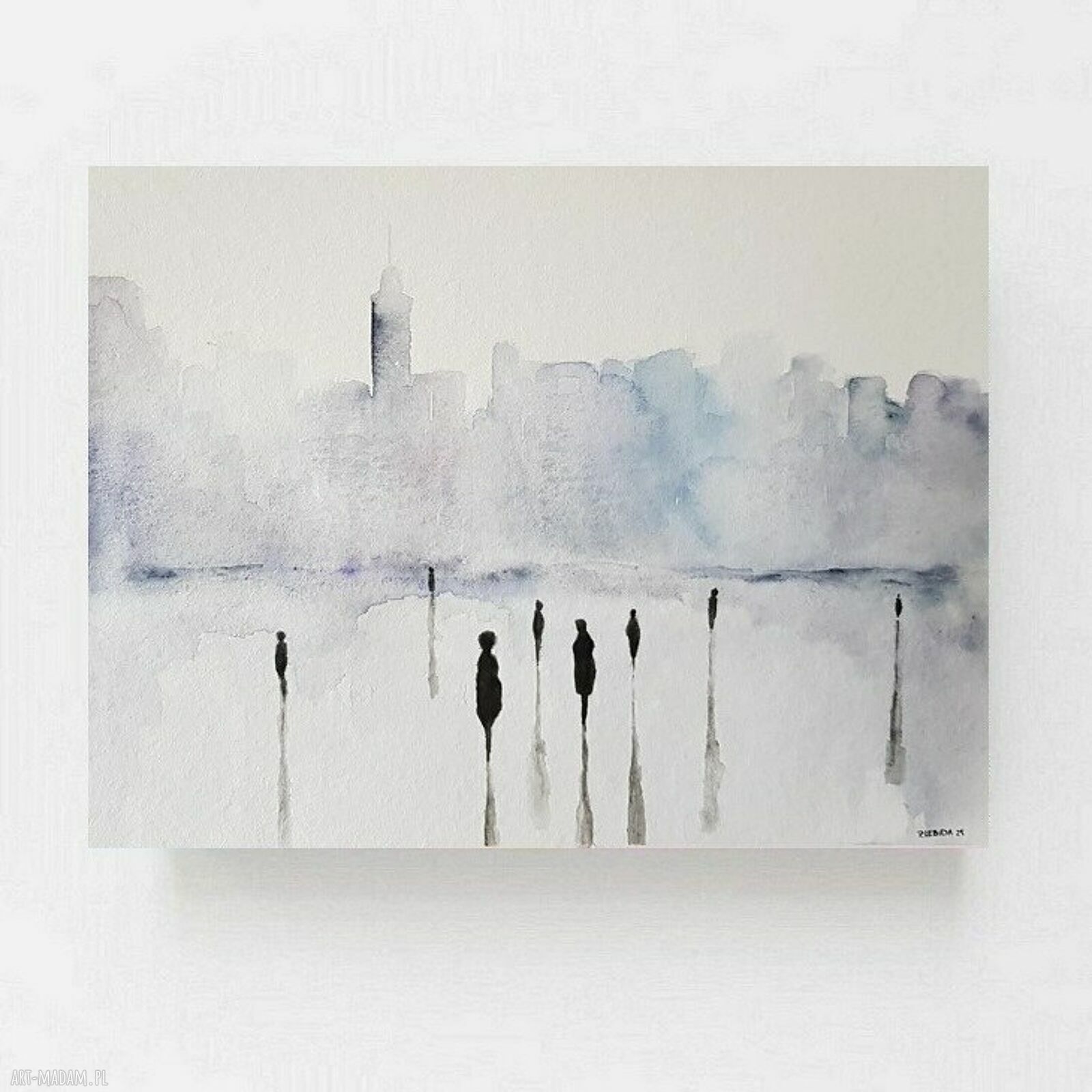 Miasto - akwarela 24/32 cm z ludźmi w fantastycznym klimacie