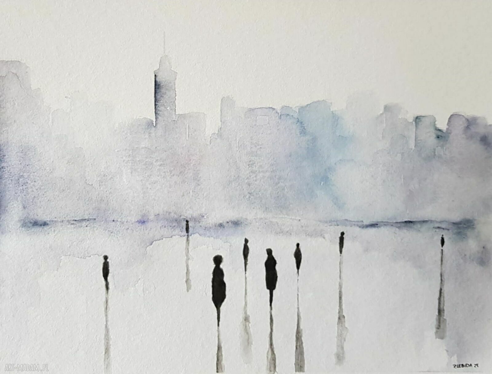 Miasto - akwarela 24/32 cm z ludźmi w fantastycznym klimacie