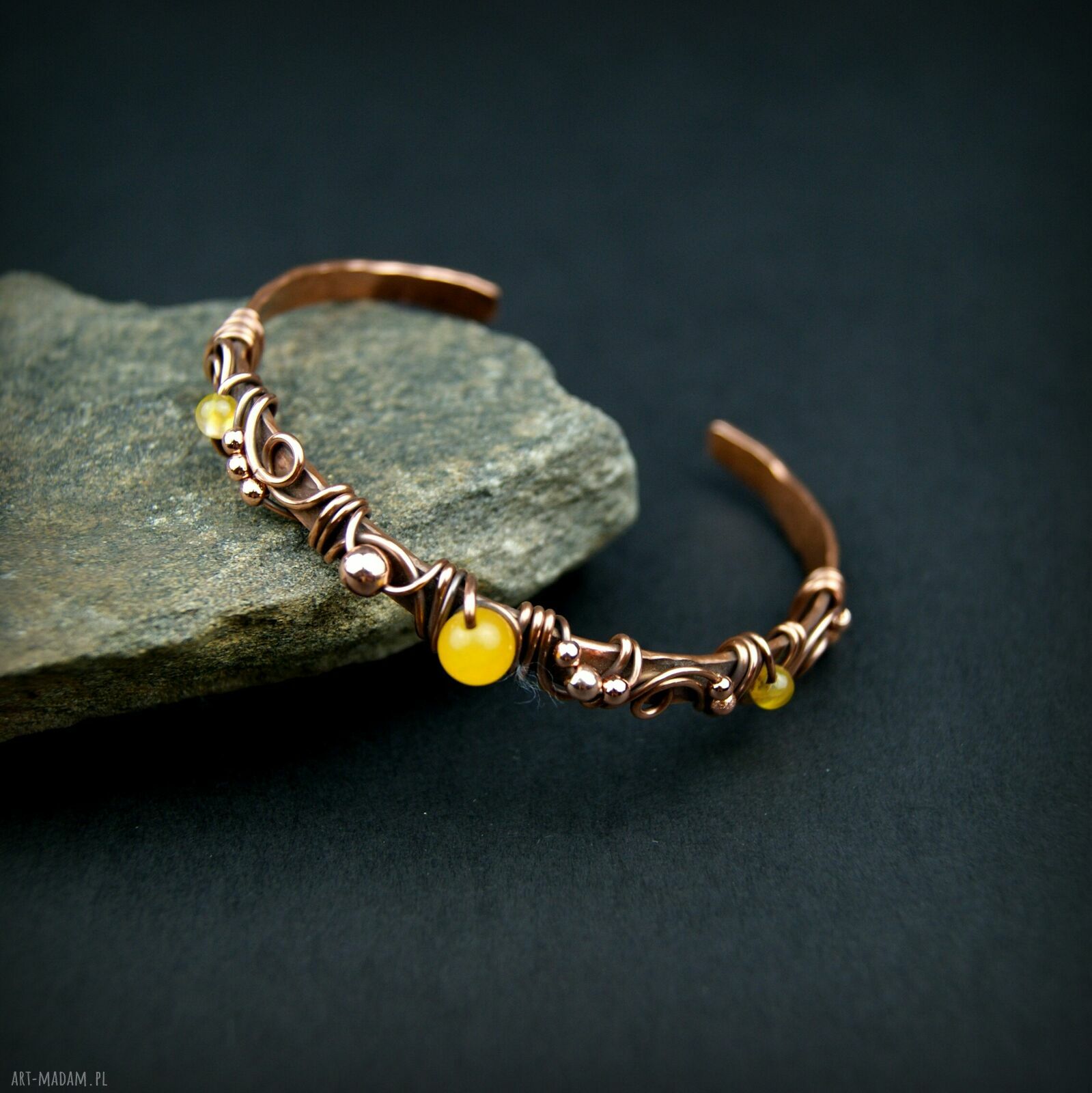 Miedziana bransoleta mankietowa z agatami i hematytem (cuff)