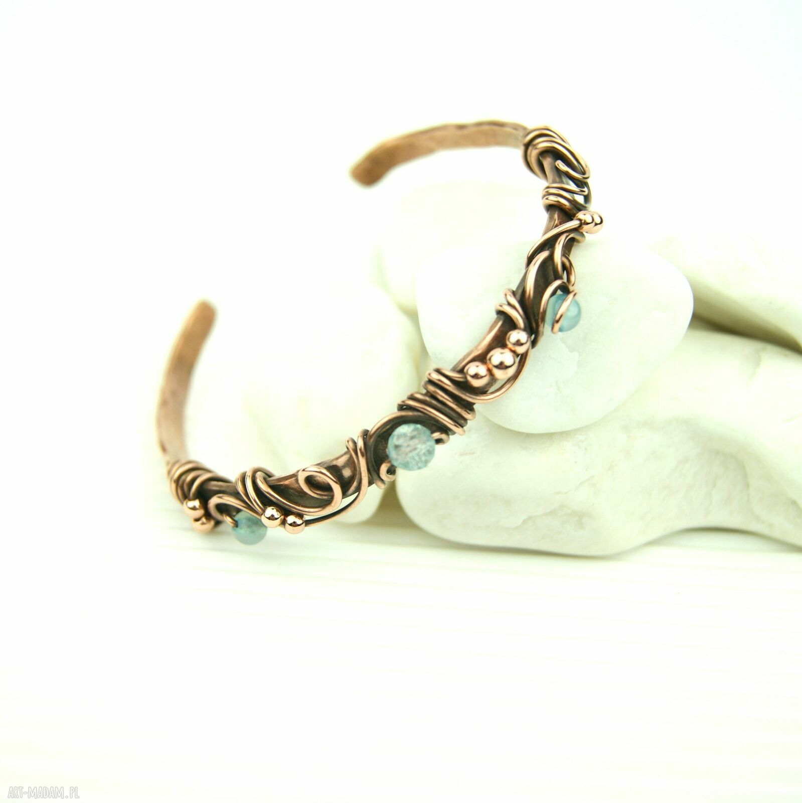Miedziana bransoleta z topazem i agatem - cuff wire wrapping