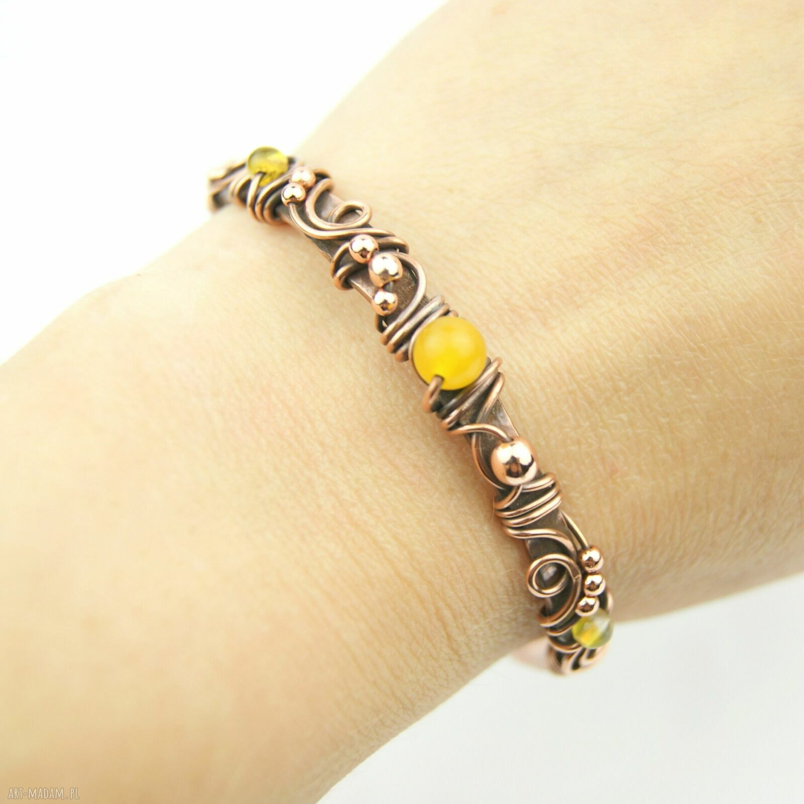 Miedziana bransoleta mankietowa z agatami i hematytem (cuff)