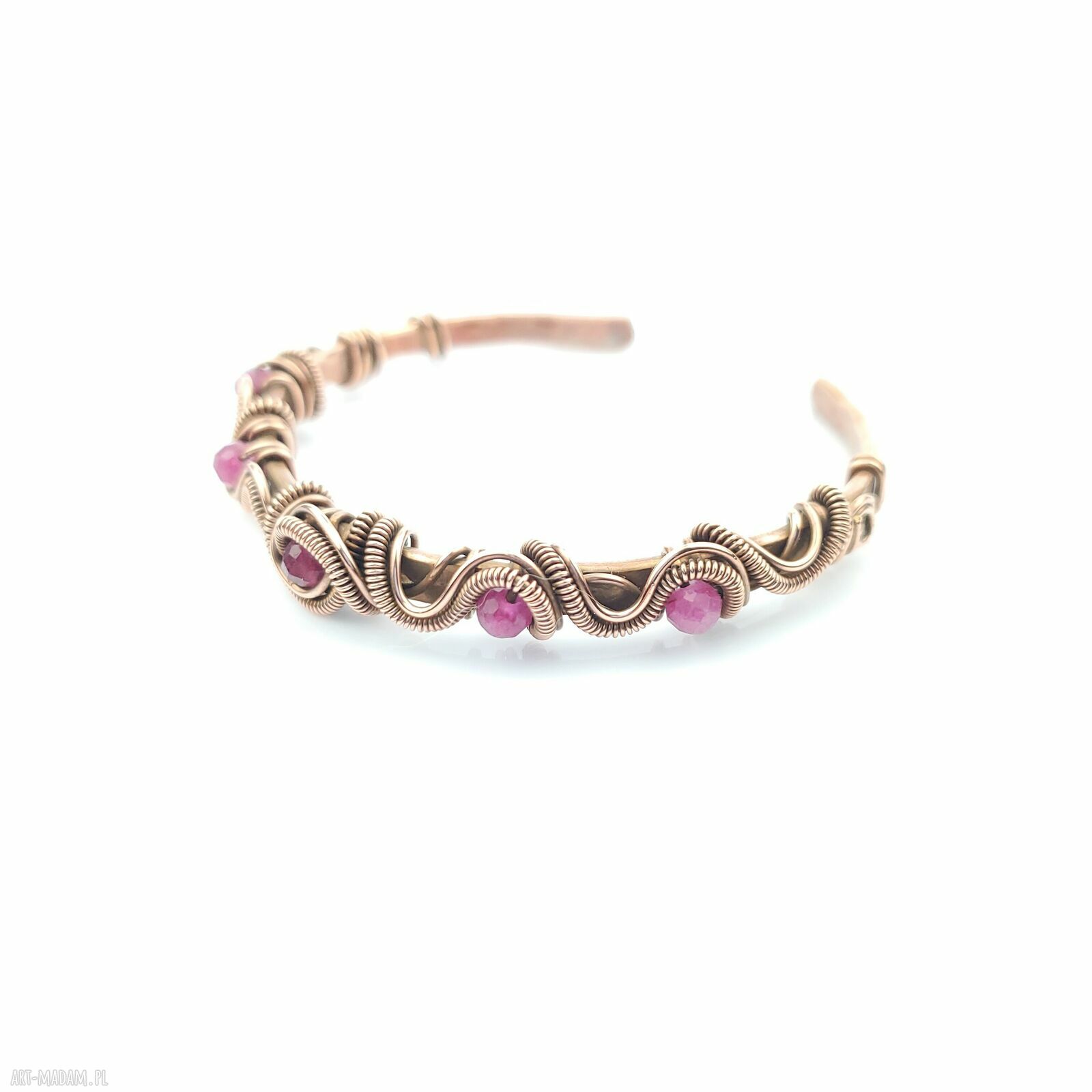 Miedziana bransoleta cuff z różowym turmalinem