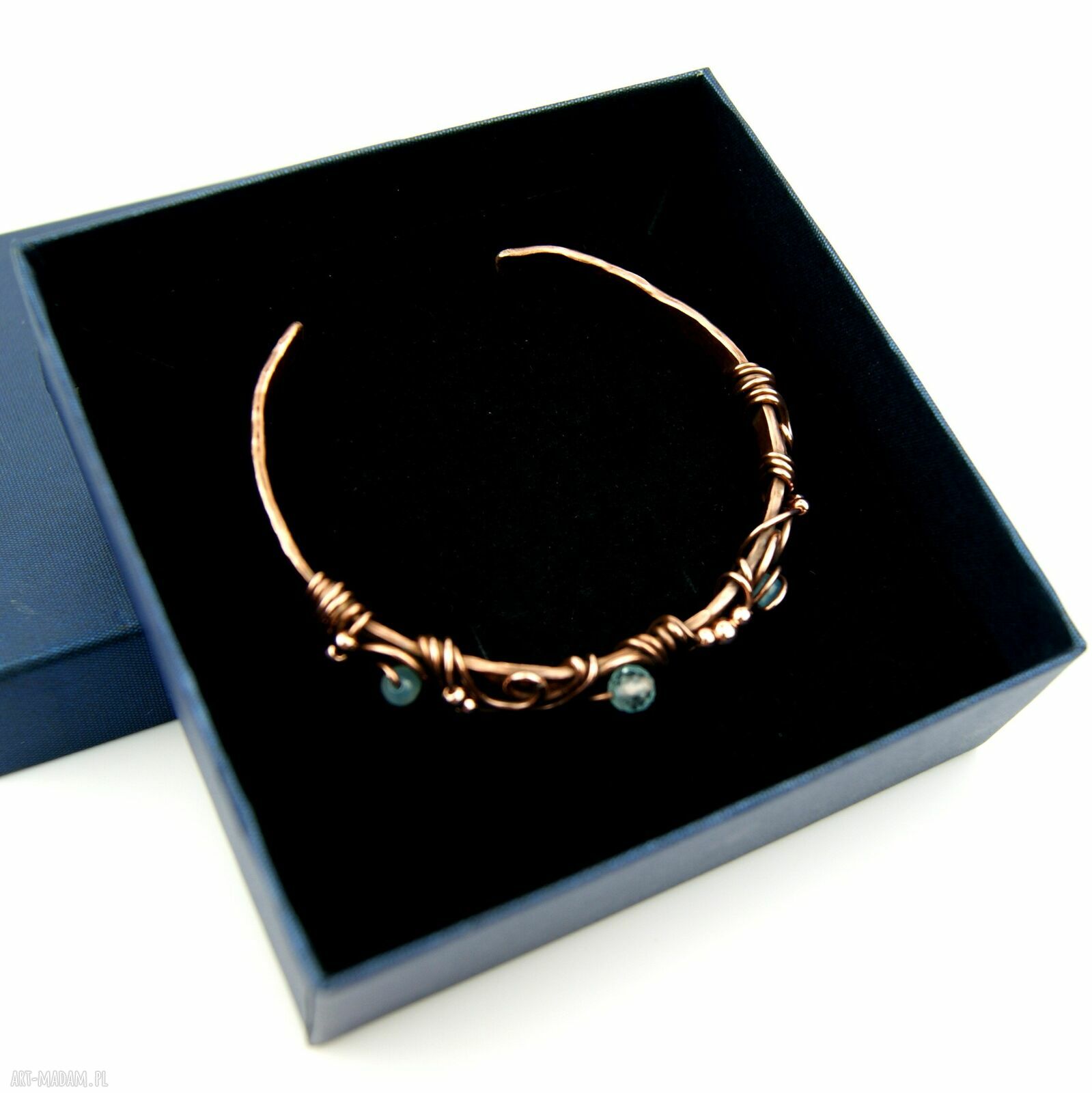 Miedziana bransoleta z topazem i agatem - cuff wire wrapping