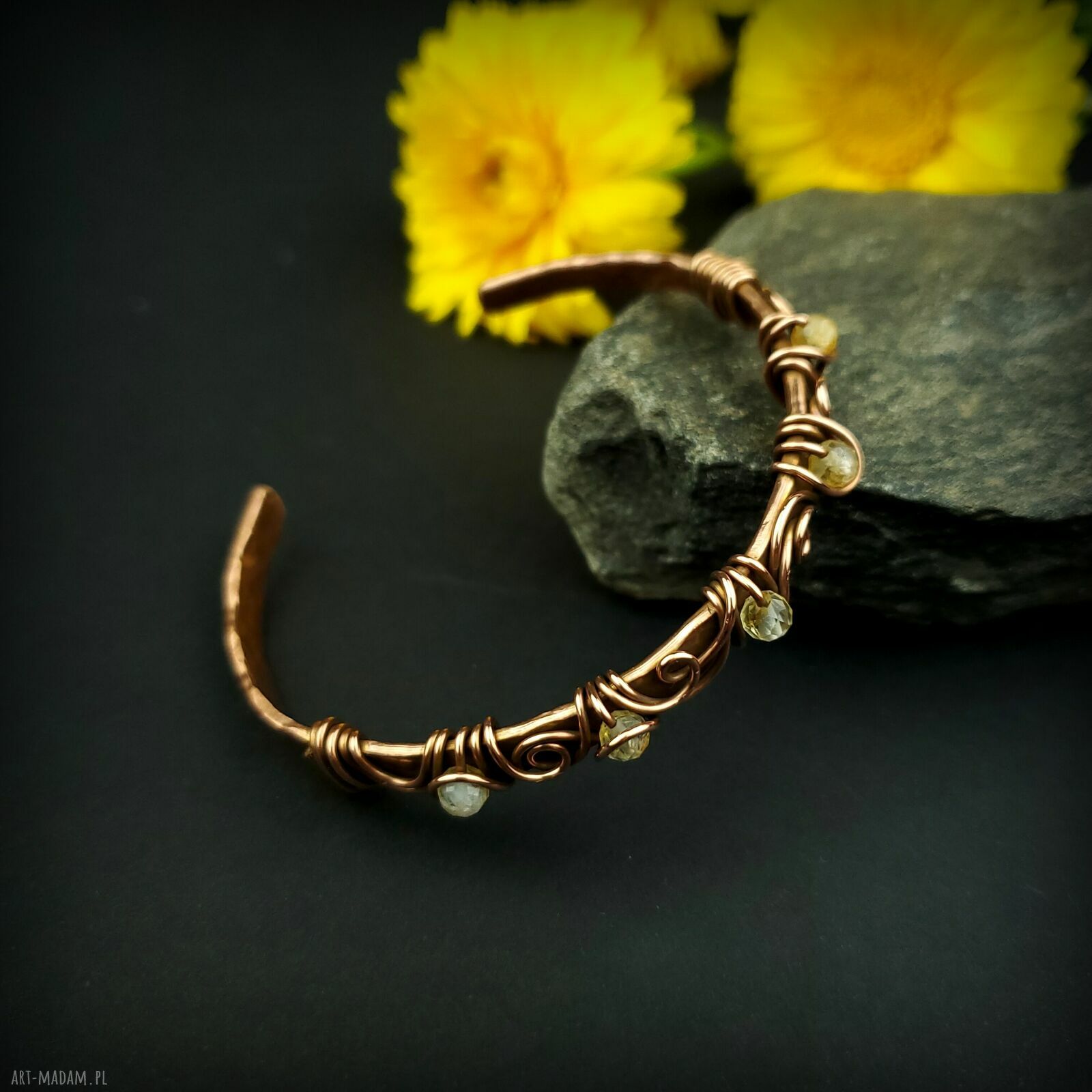 Miedziana bransoleta mankietowa z cytrynem - cuff wire wrapping