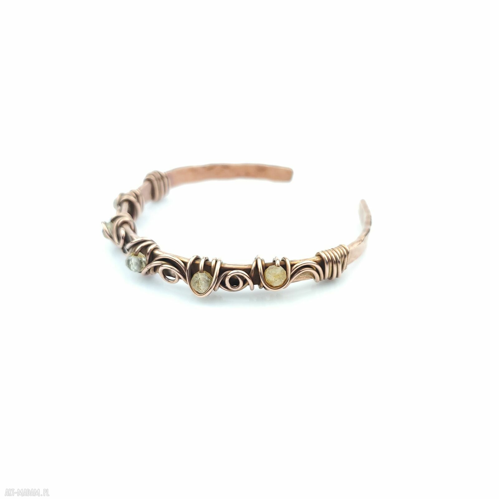 Miedziana bransoleta mankietowa z cytrynem - cuff wire wrapping