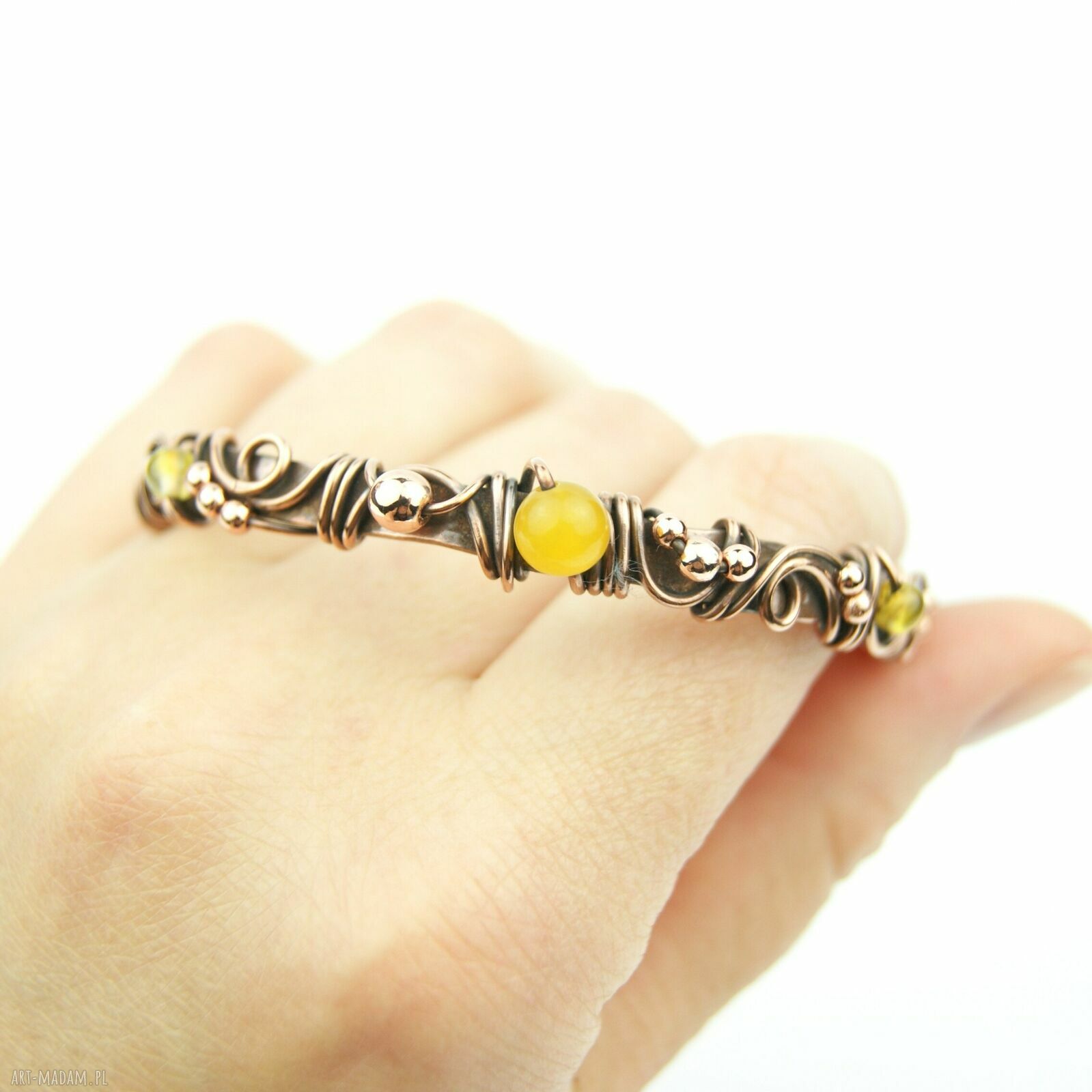 Miedziana bransoleta mankietowa z agatami i hematytem (cuff)
