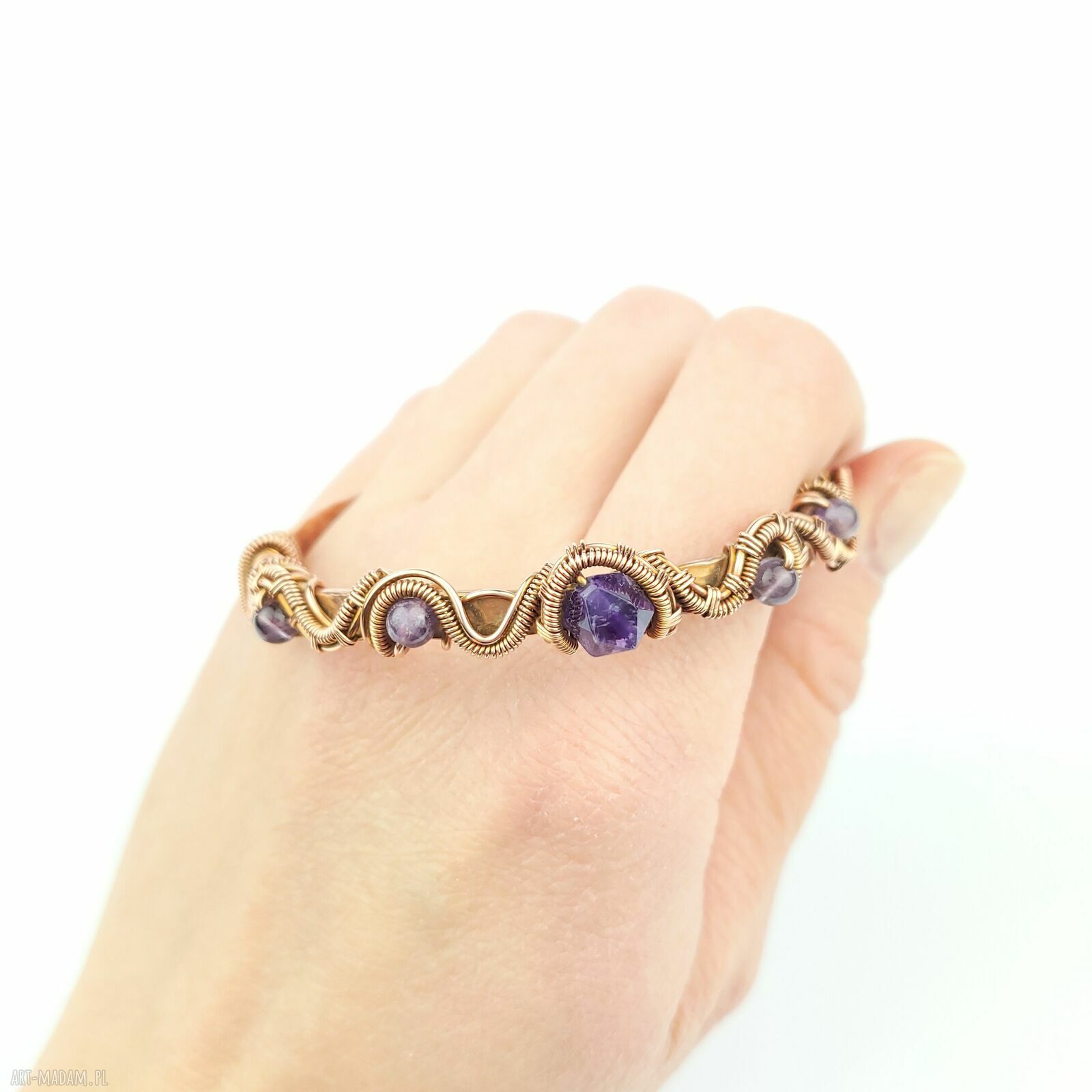 Miedziana bransoletka mankietowa z ametystem - cuff handmade