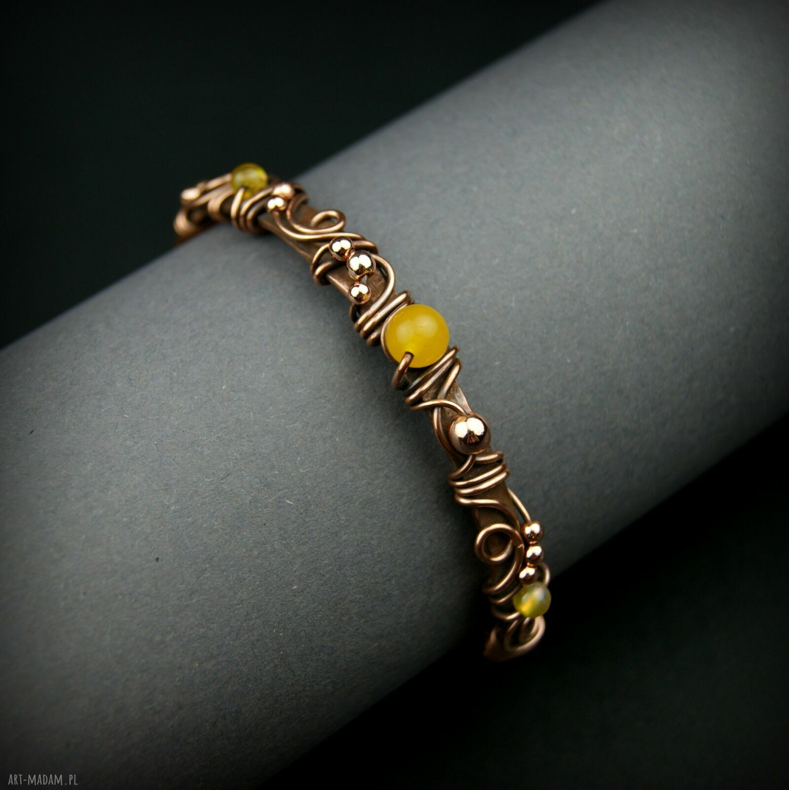 Miedziana bransoleta mankietowa z agatami i hematytem cuff