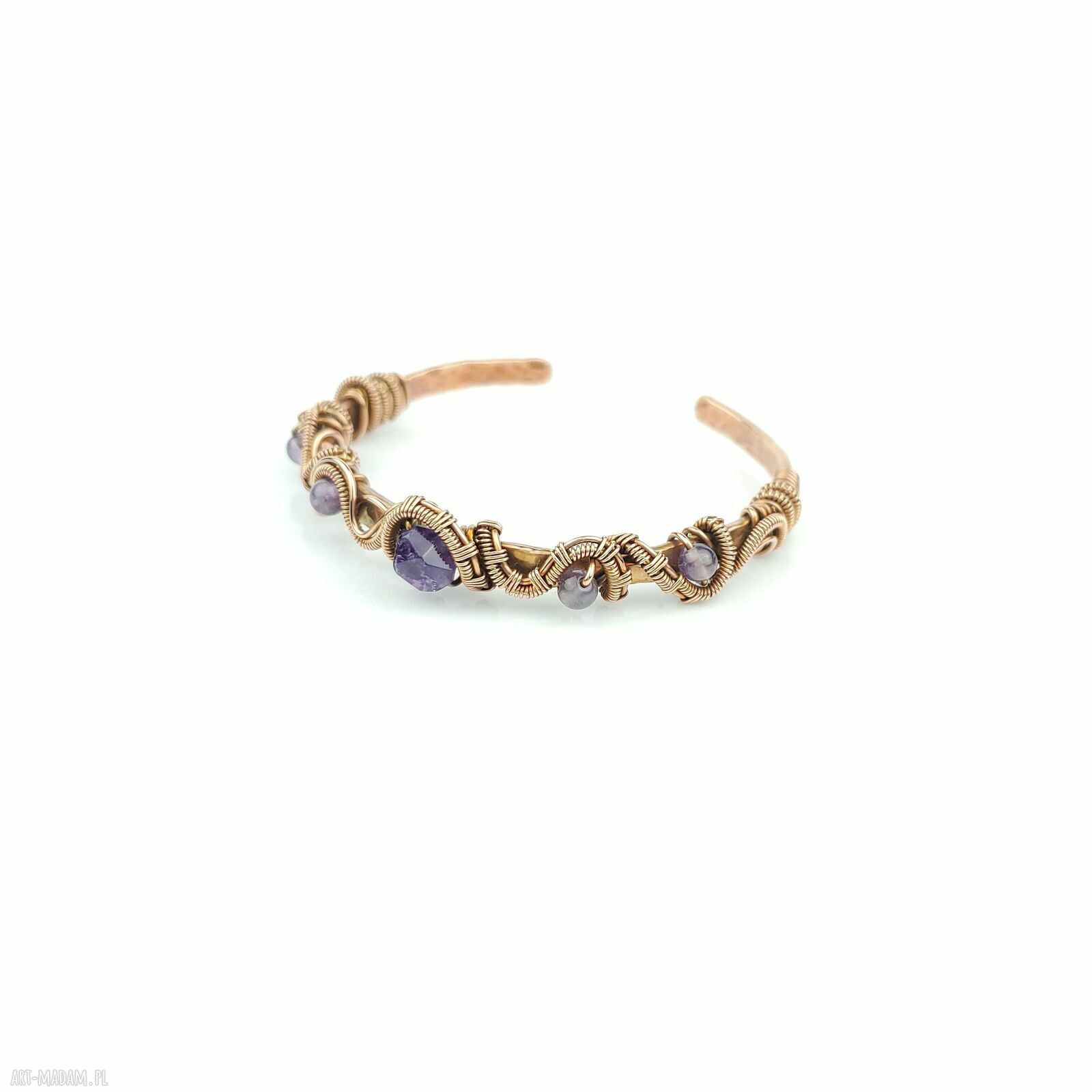 Miedziana bransoletka mankietowa z ametystem - cuff handmade