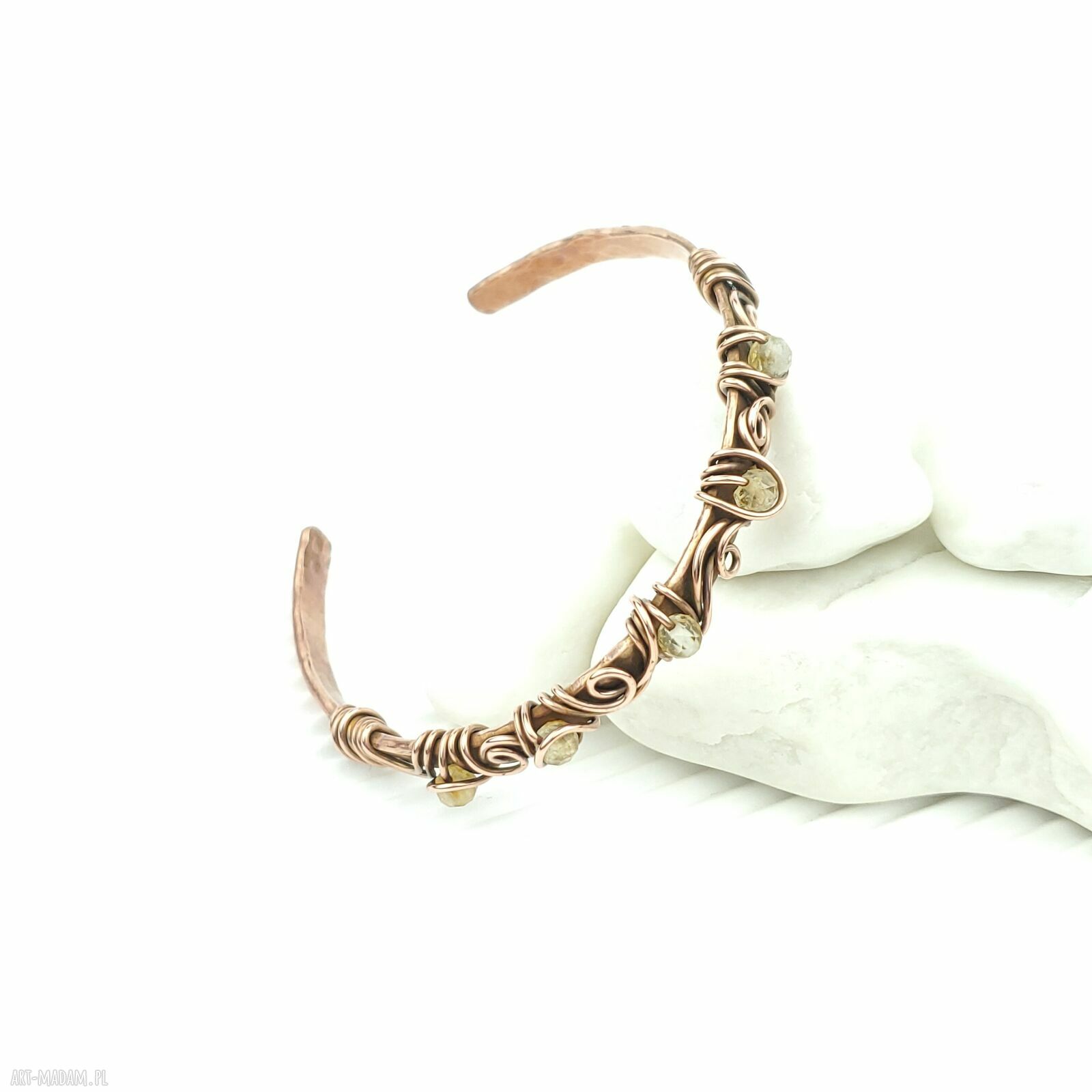 Miedziana bransoleta mankietowa z cytrynem - cuff wire wrapping