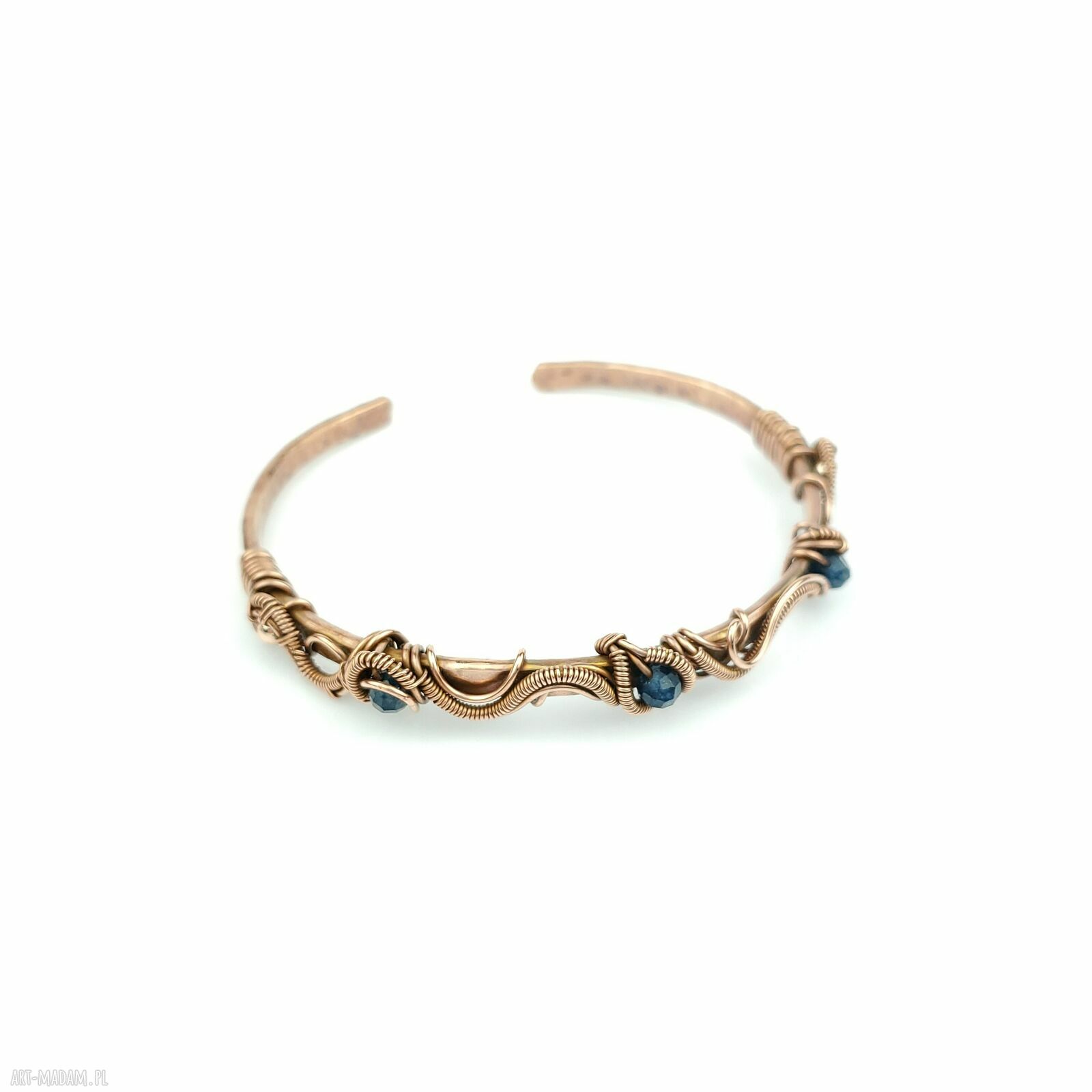 Miedziana bransoleta mankietowa z szafirami - cuff wire wrapping dla niej