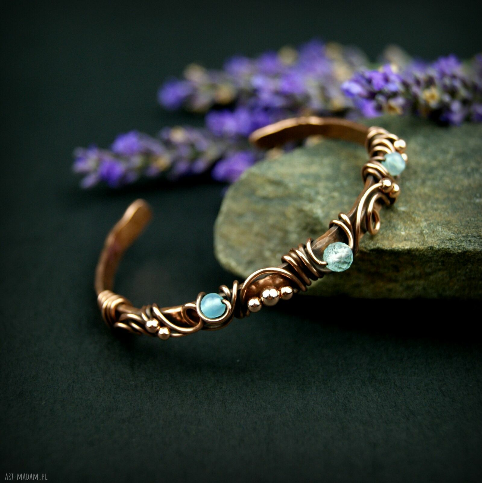 Miedziana bransoleta z topazem i agatem - cuff wire wrapping