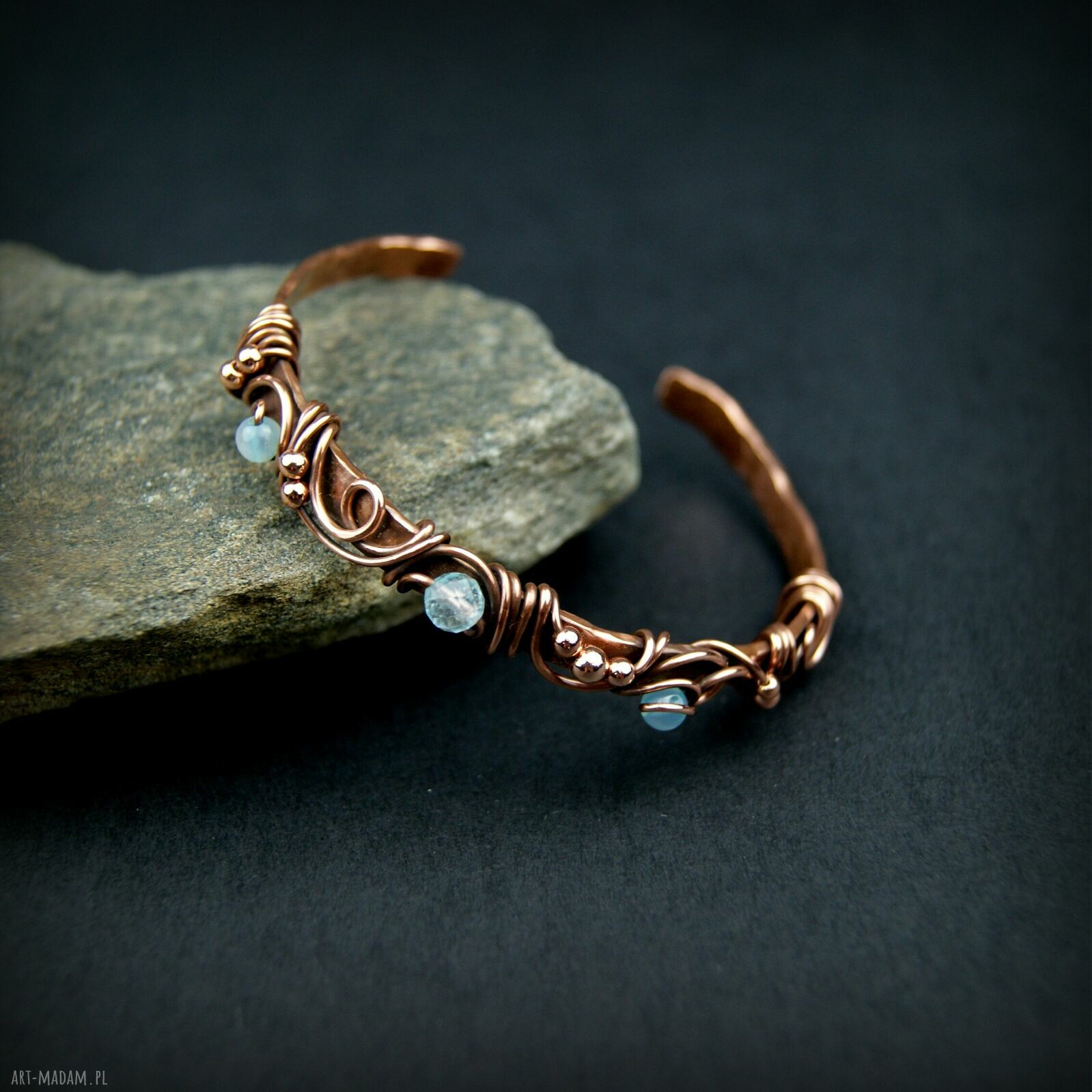 Miedziana bransoleta z topazem i agatem - cuff wire wrapping