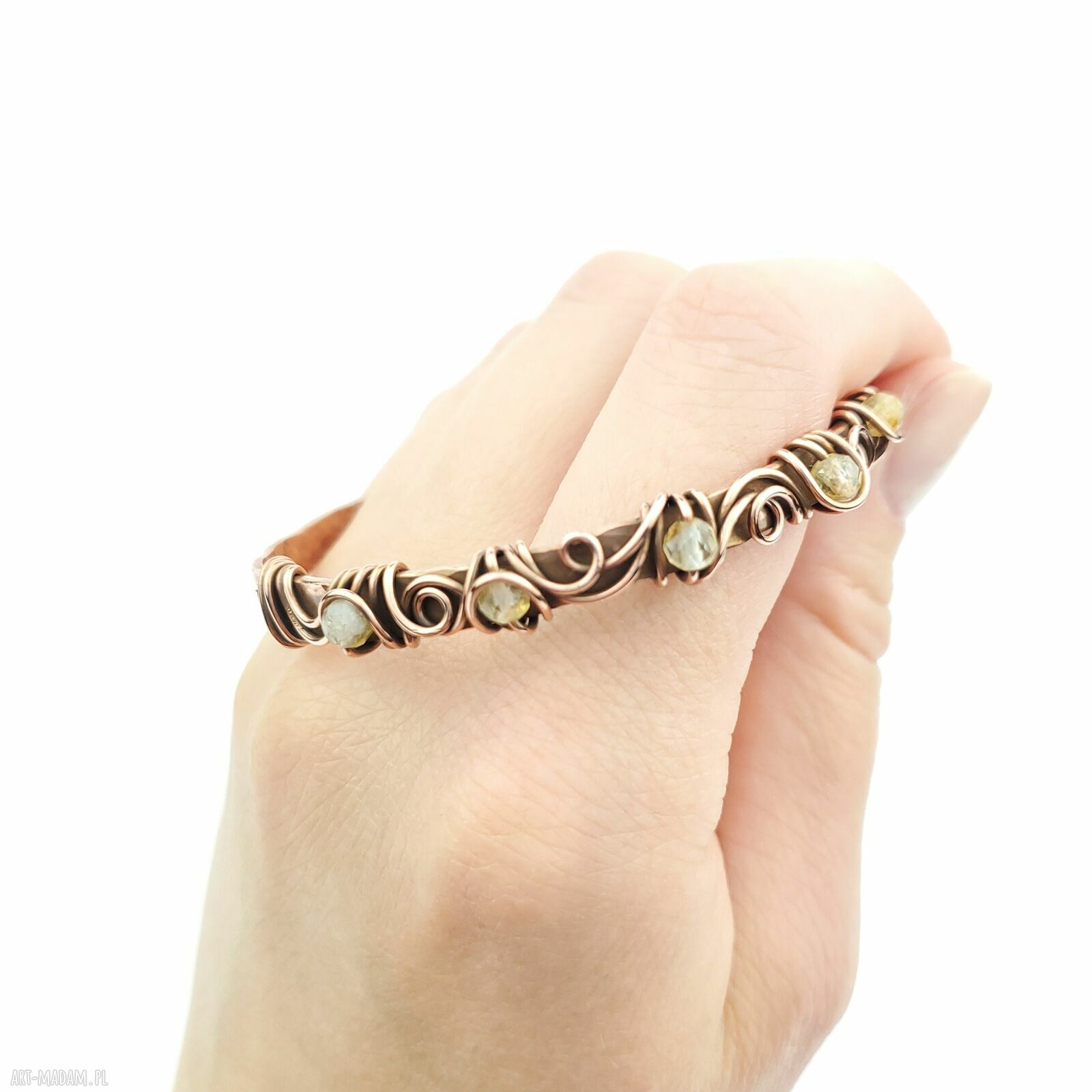 Miedziana bransoleta mankietowa z cytrynem - cuff wire wrapping