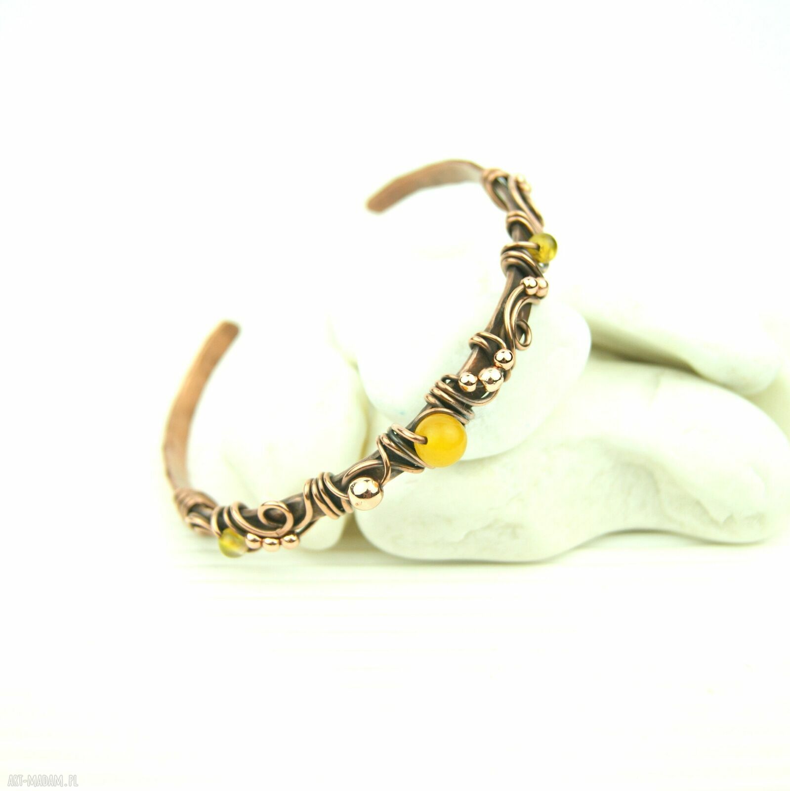 Miedziana bransoleta mankietowa z agatami i hematytem (cuff)