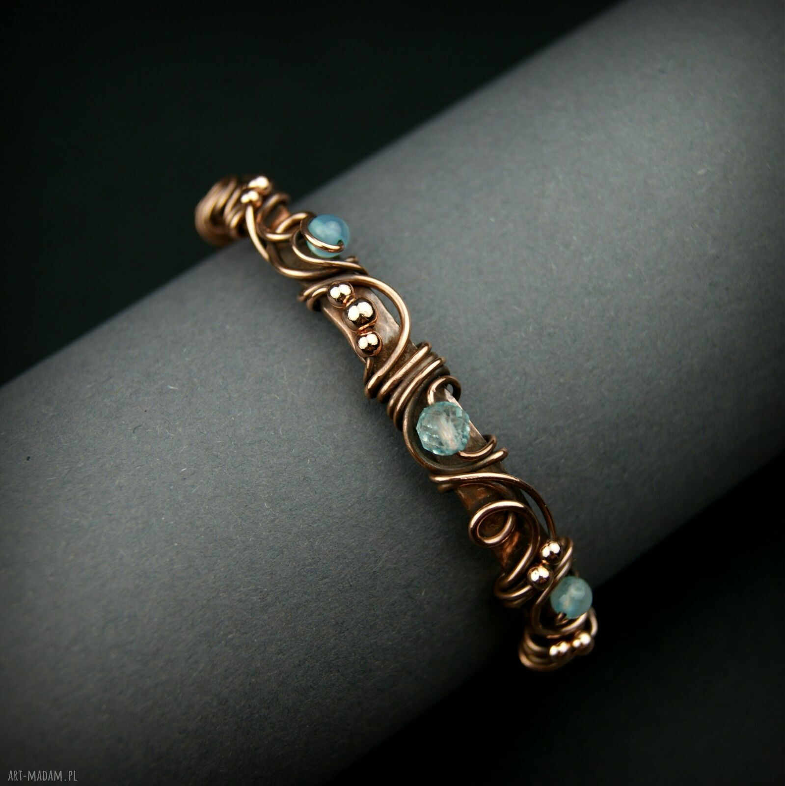 Miedziana bransoleta z topazem i agatem - cuff wire wrapping