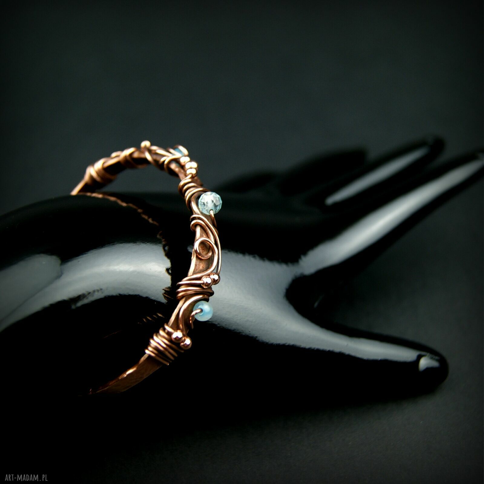 Miedziana bransoleta z topazem i agatem - cuff wire wrapping