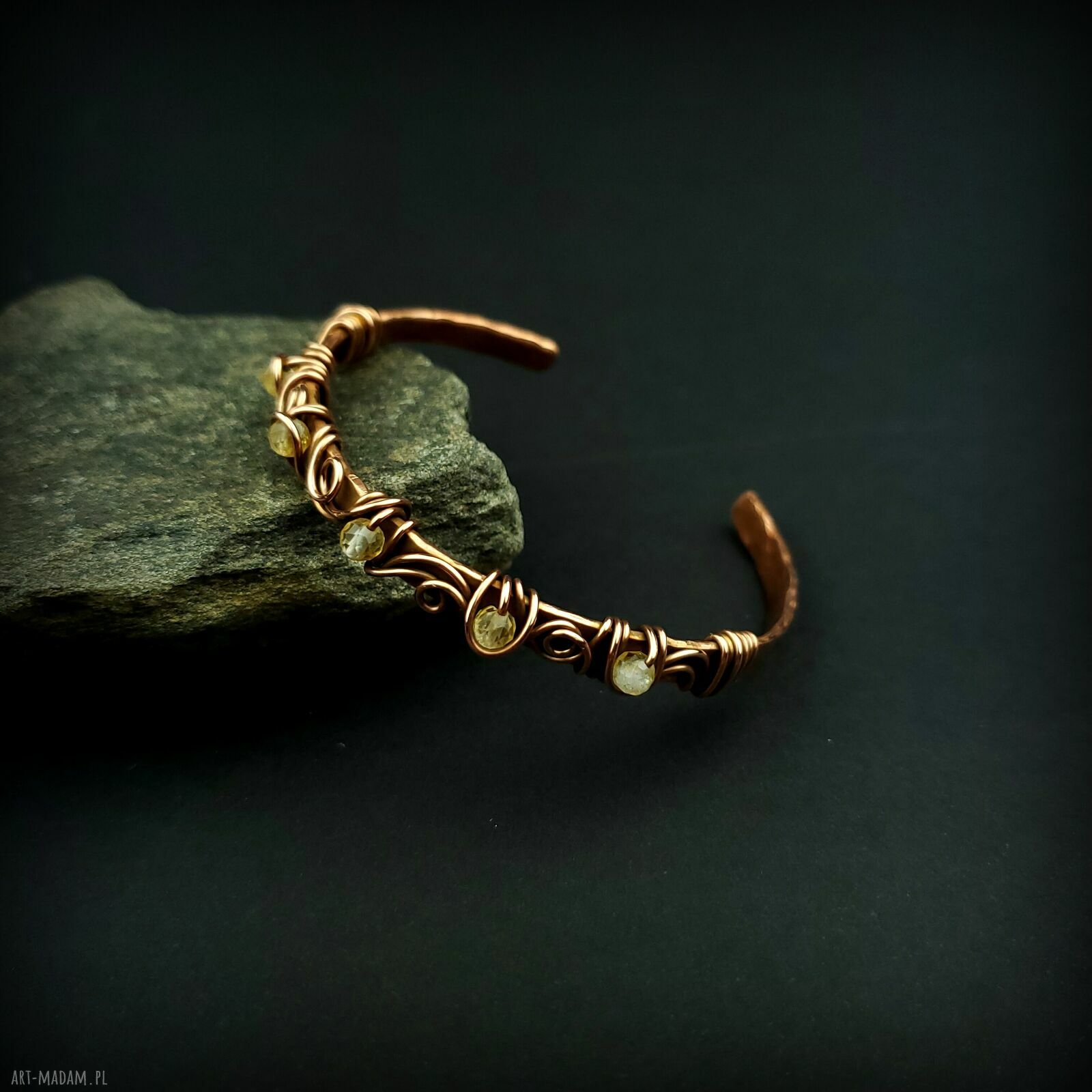 Miedziana bransoleta mankietowa z cytrynem - cuff wire wrapping