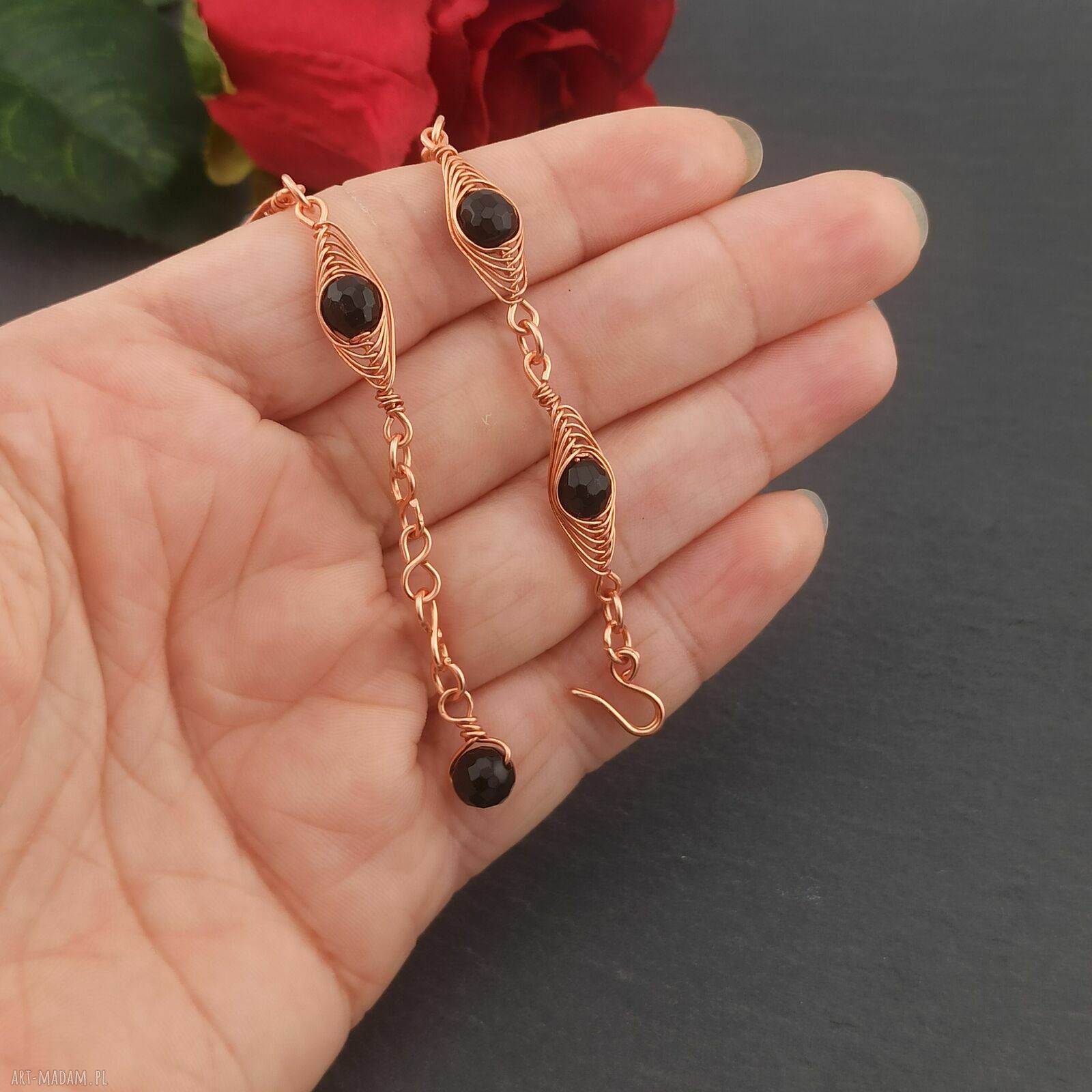 Bransoletka miedziana z onyks - wire wrapping dla kobiet