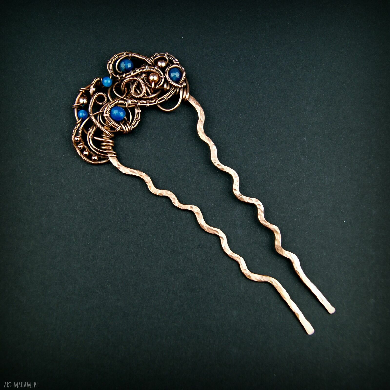 Miedziana ozdobna szpilka do włosów z agatem - wire wrapping