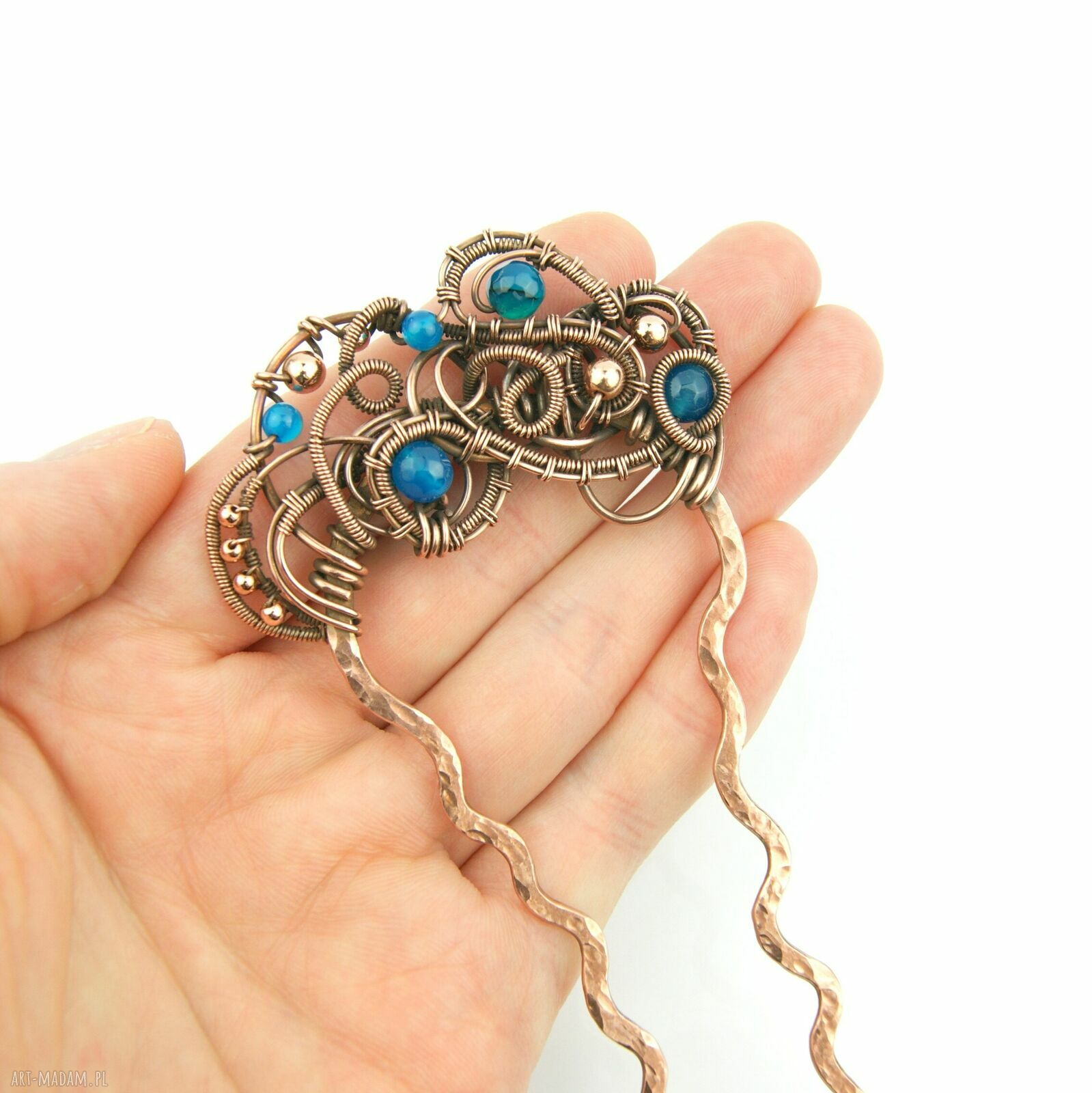 Miedziana ozdobna szpilka do włosów z agatem - wire wrapping
