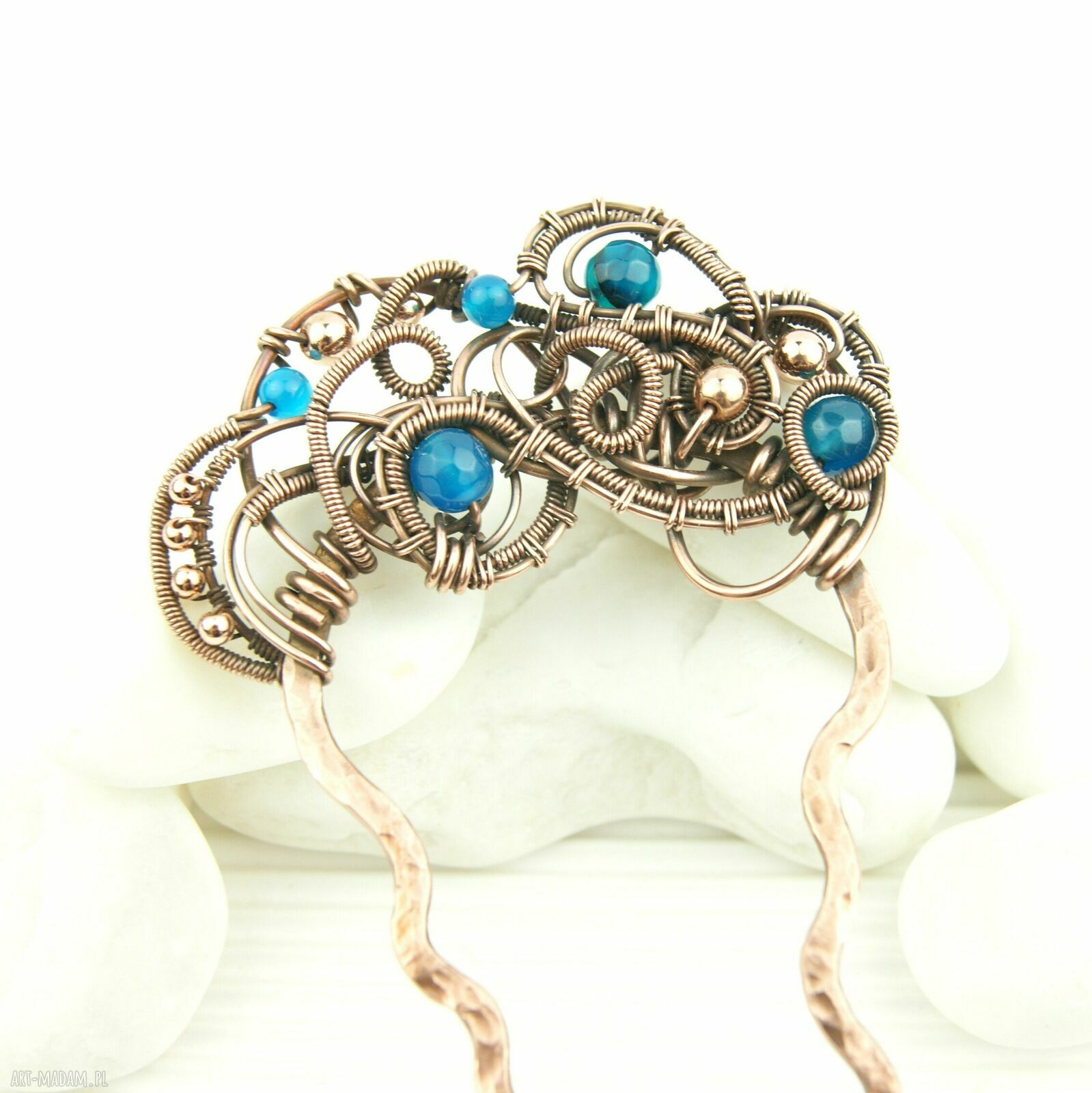 Miedziana ozdobna szpilka do włosów z agatem - wire wrapping
