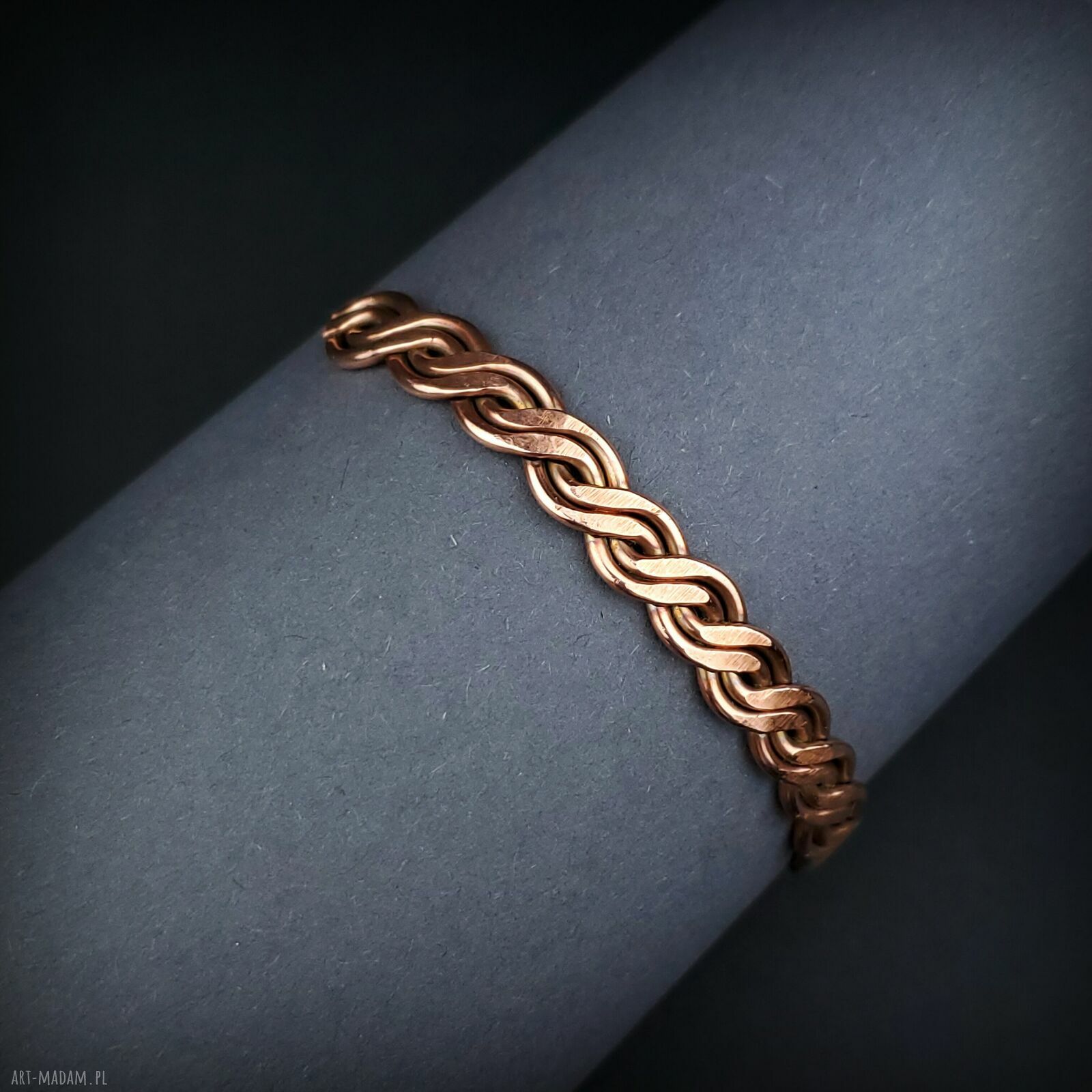 Miedziana wyplatana bransoletka mankietowa cuff - handmade wire wrapping