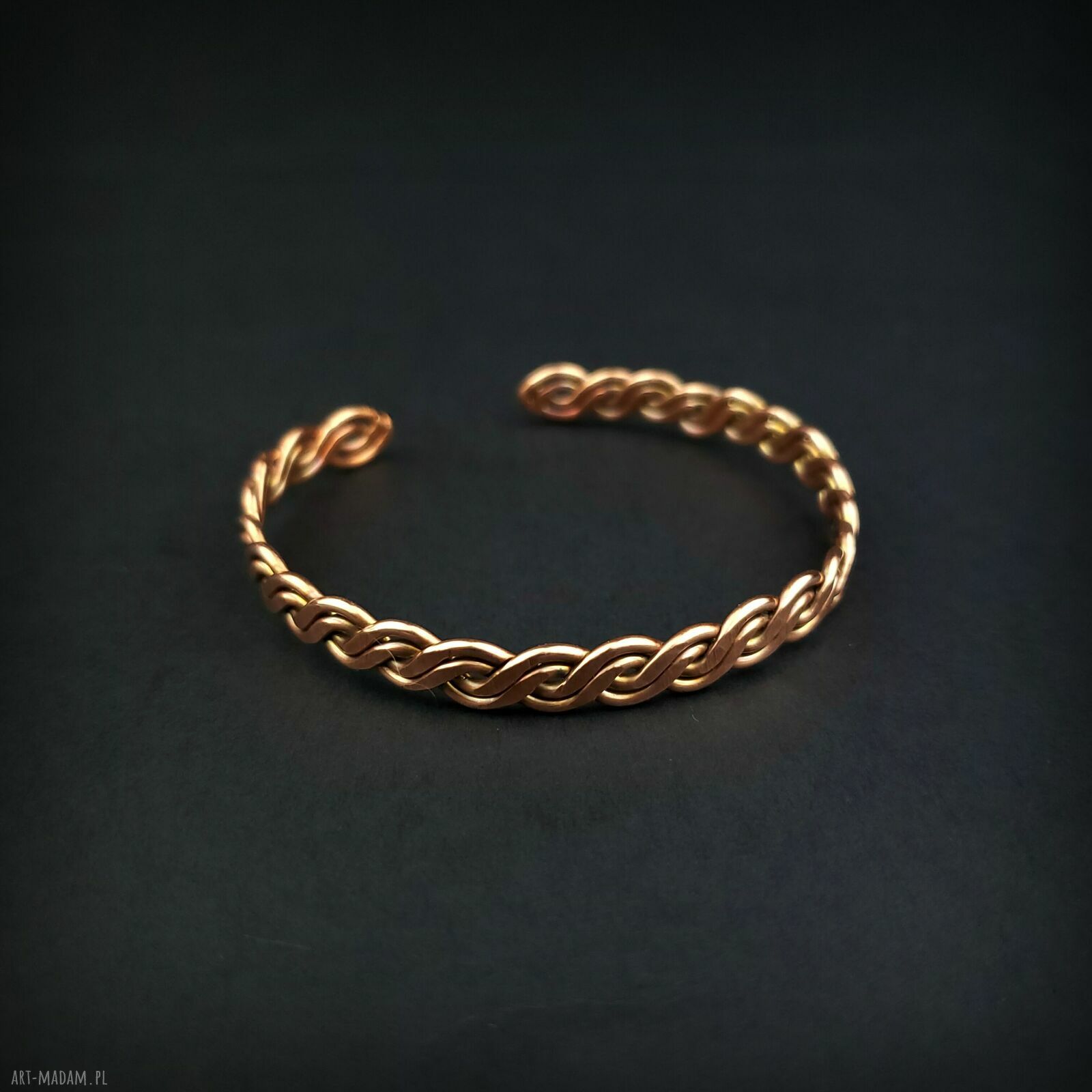 Miedziana wyplatana bransoletka mankietowa cuff - handmade wire wrapping
