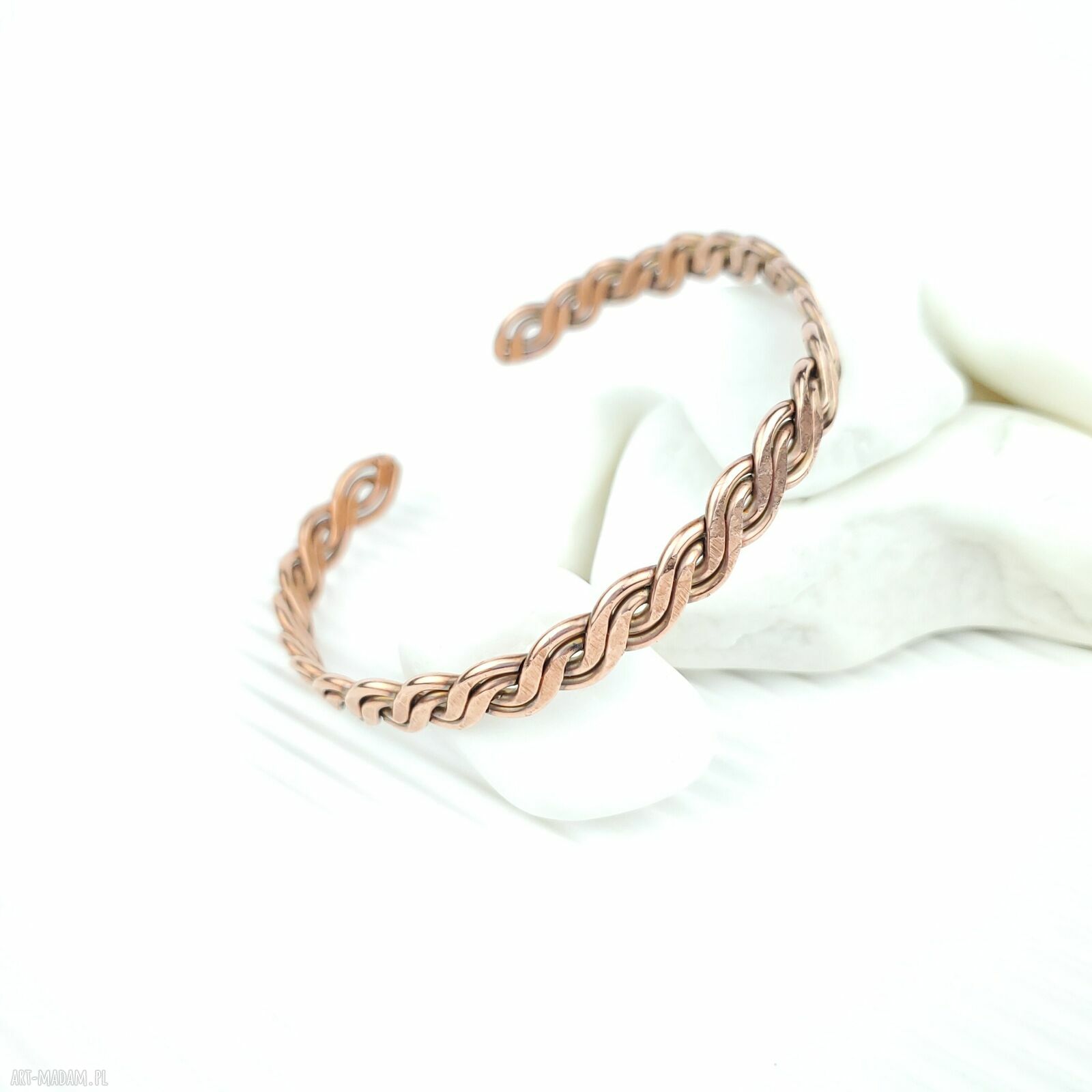 Miedziana wyplatana bransoletka mankietowa cuff - handmade wire wrapping