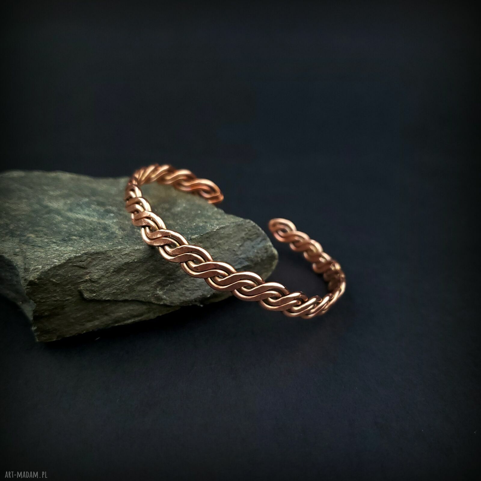Miedziana wyplatana bransoletka mankietowa cuff - handmade wire wrapping