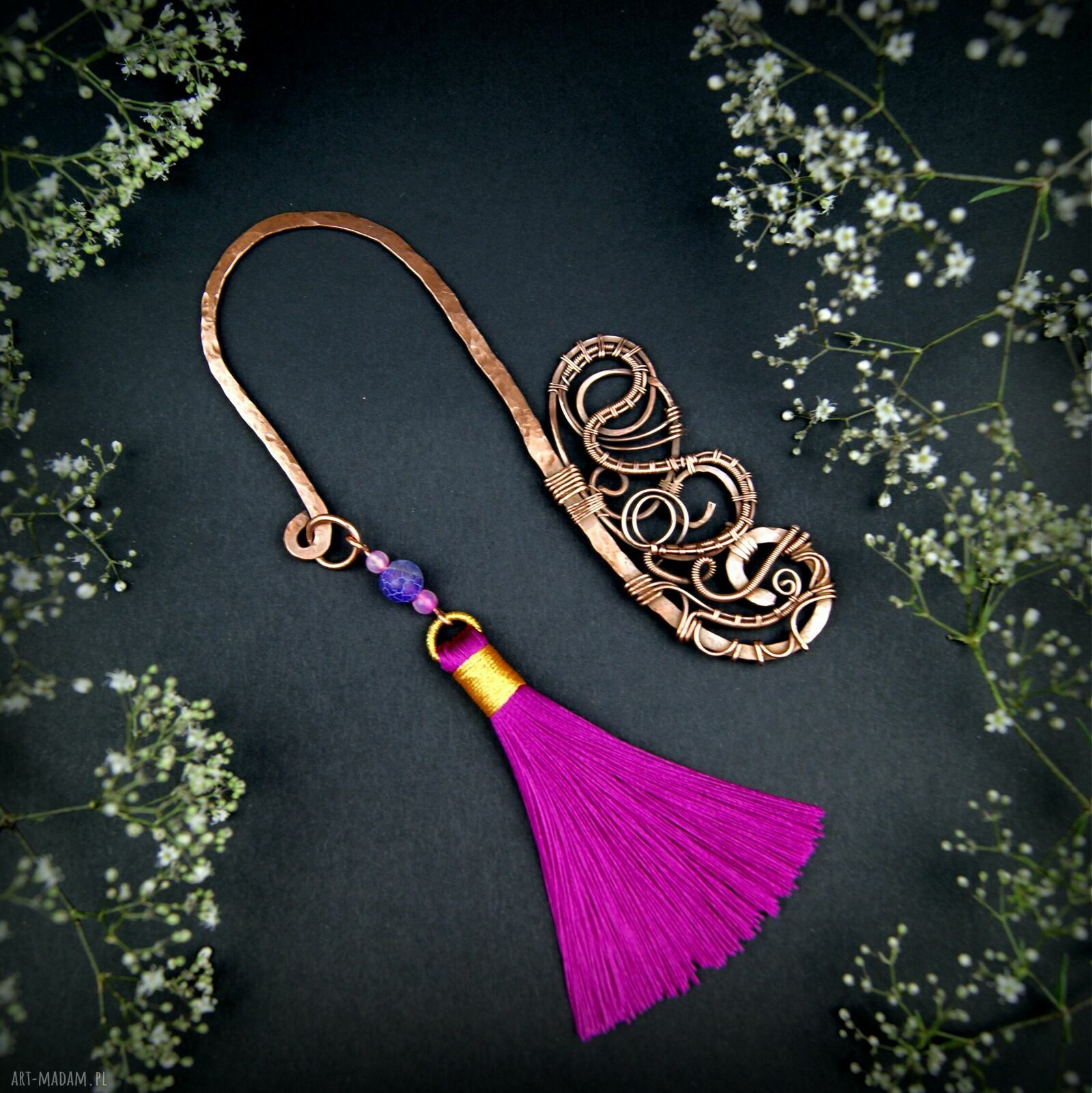 Miedziana zakładka do książki wire wrapping z agatem i chwostem